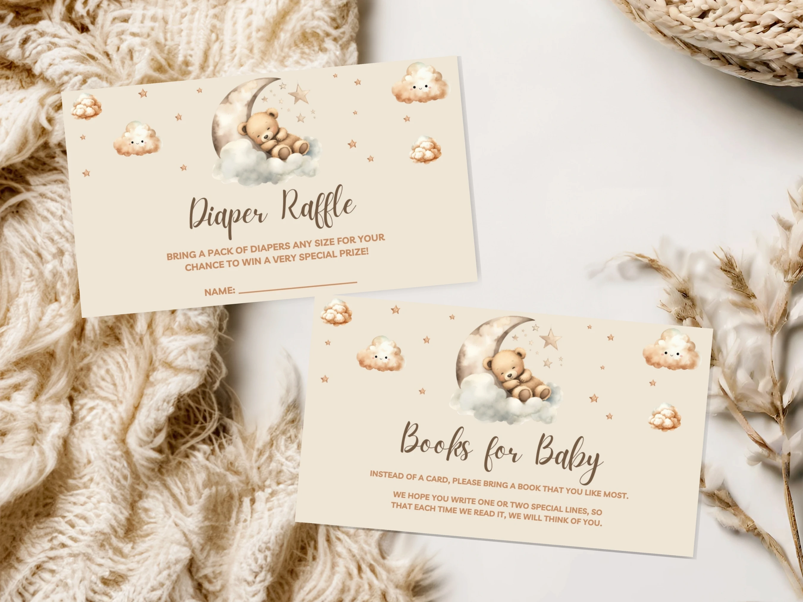 Sleeping Teddy Bear Baby Shower Invitation Set | Beige And Gold Over The Moon Starter Pack | Editable Canva Template | Digital Download