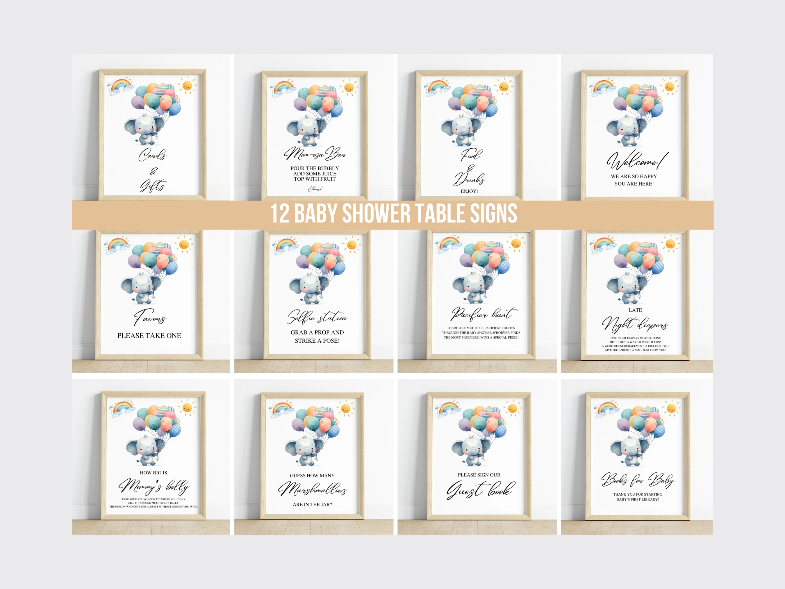 elephant baby shower table sign printable, little peanut baby shower pacifier hunt sign, balloons rainbow baby shower diaper raffle sign, elephant baby shower late night diapers sign, editable baby shower sign Canva