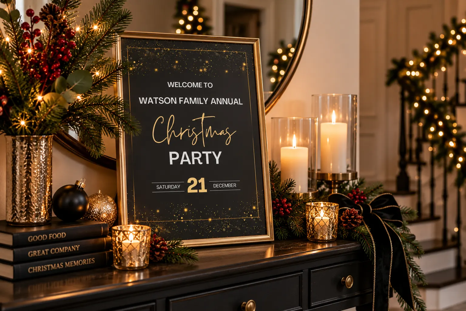 Black and gold Christmas welcome sign arranged on a festive console table with candles, greenery and holiday decorations