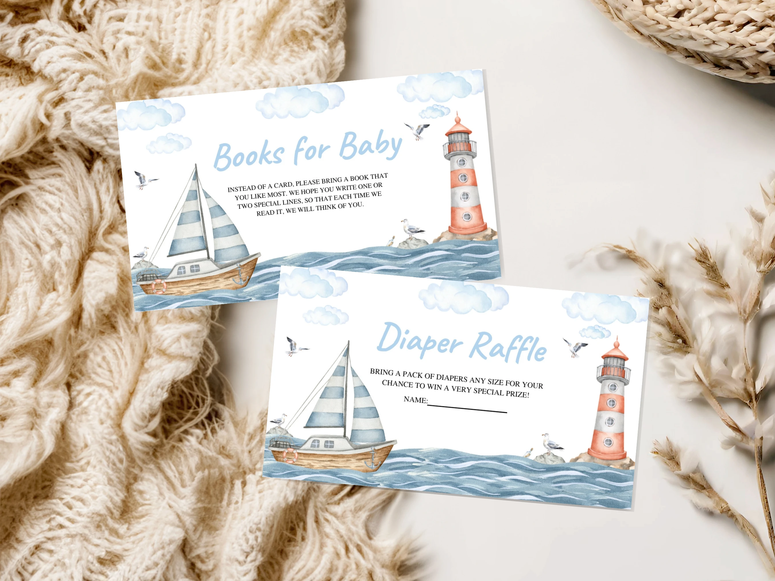 Nautical Baby Shower Invitation Set | Ahoy It's a Boy Blue Starter Pack For Baby Boy | Editable Canva Template | Digital Download