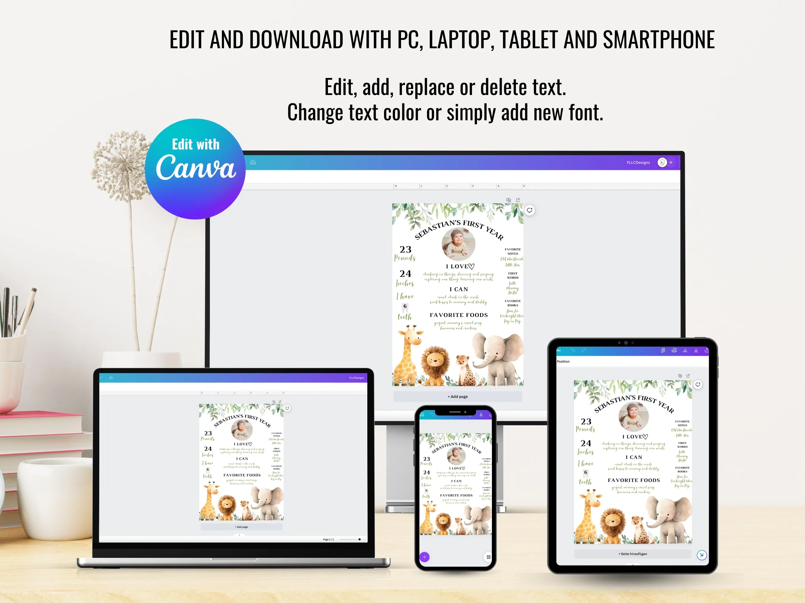 Wild One Birthday Milestone Board | Safari Jungle Animal Poster | Editable Canva Template | Digital Download