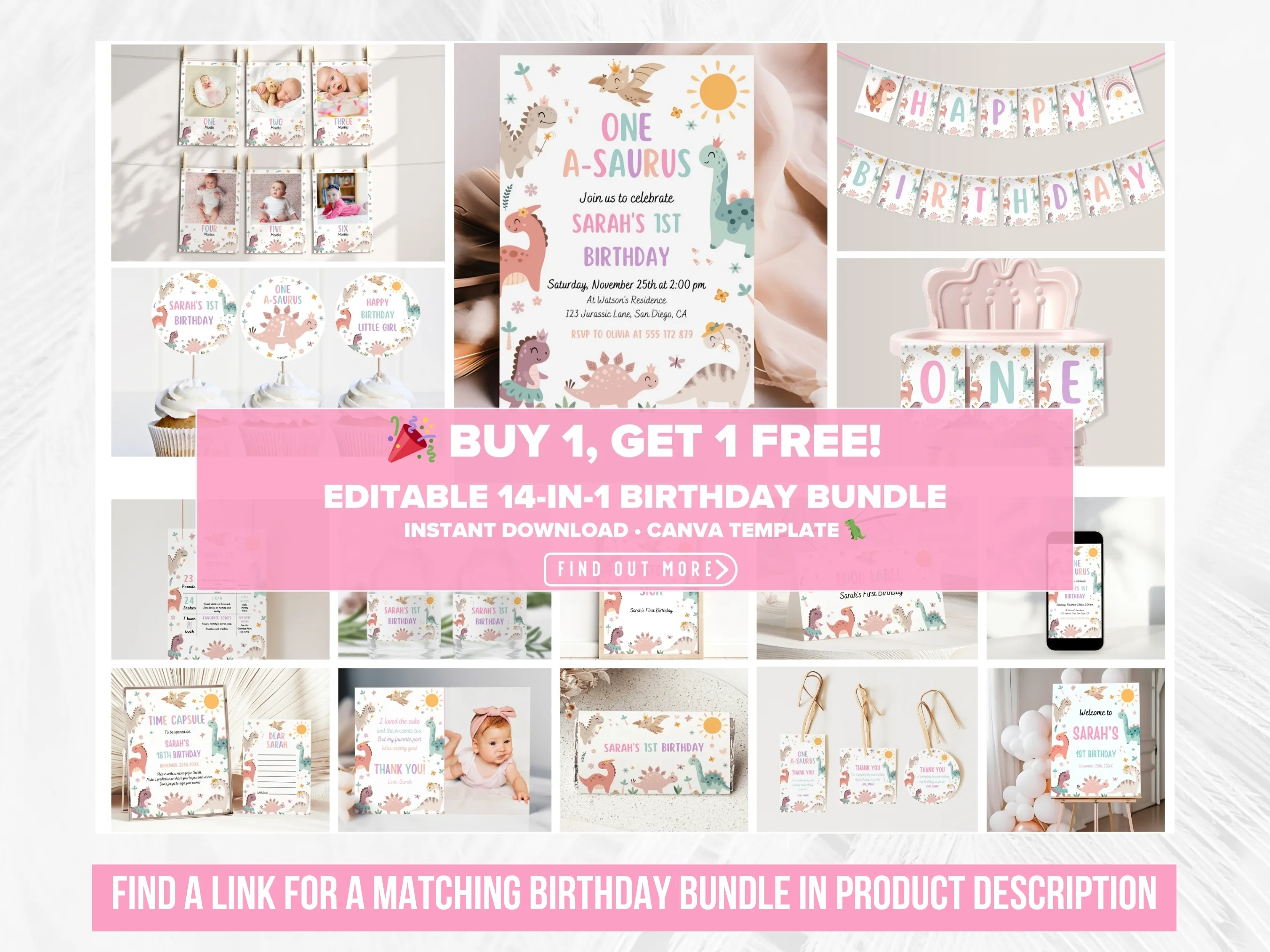 Pink Girl Dinosaur 1st Birthday Mobile Invitation | Dino Party Evite | Editable Canva Template | Digital Download