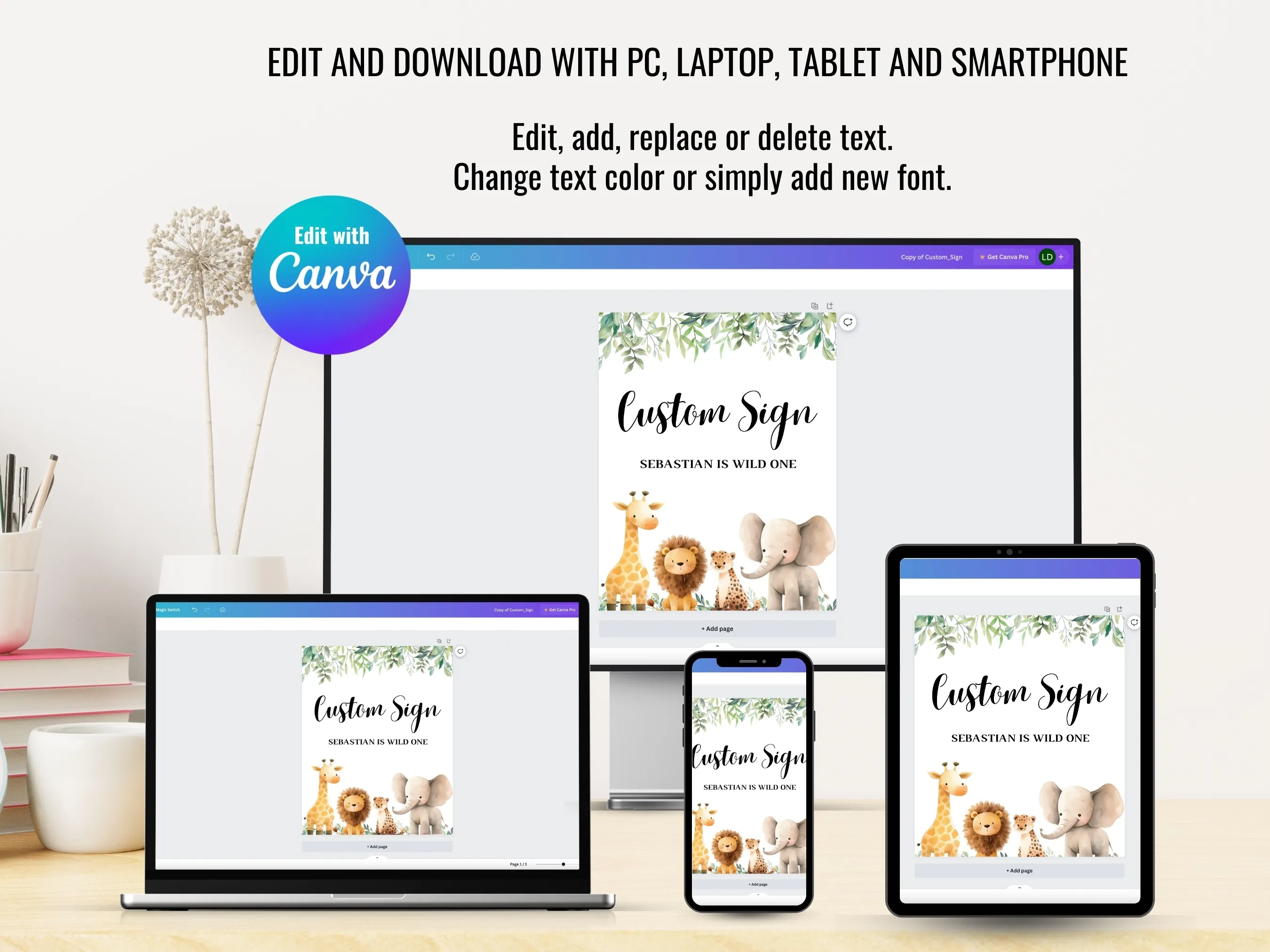 Wild One Custom Birthday Sign | Safari Cards & Gifts Table Sign | Editable Canva Template | Digital Download