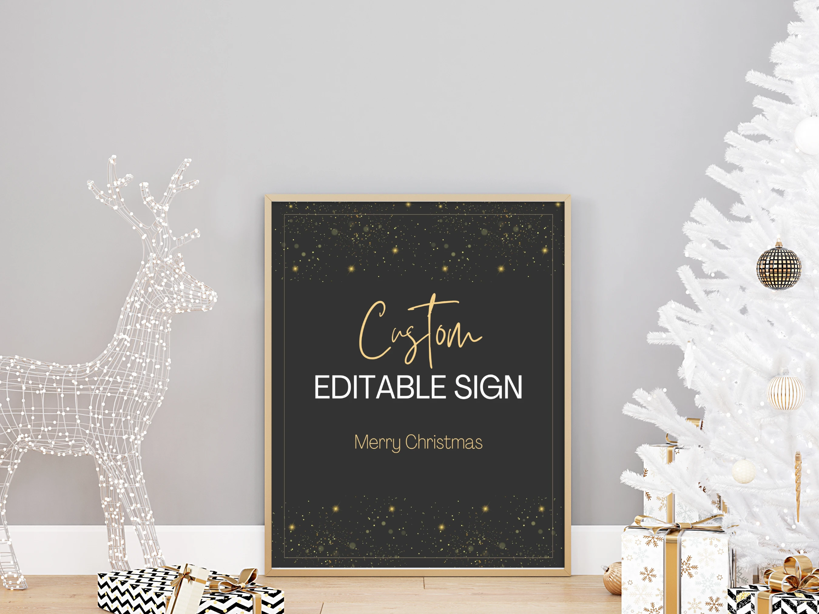 Elegant Black and Gold Christmas table sign in a black frame beside a decorated Christmas tree, featuring customizable text, gold typography and sparkling accents in an editable Canva template.