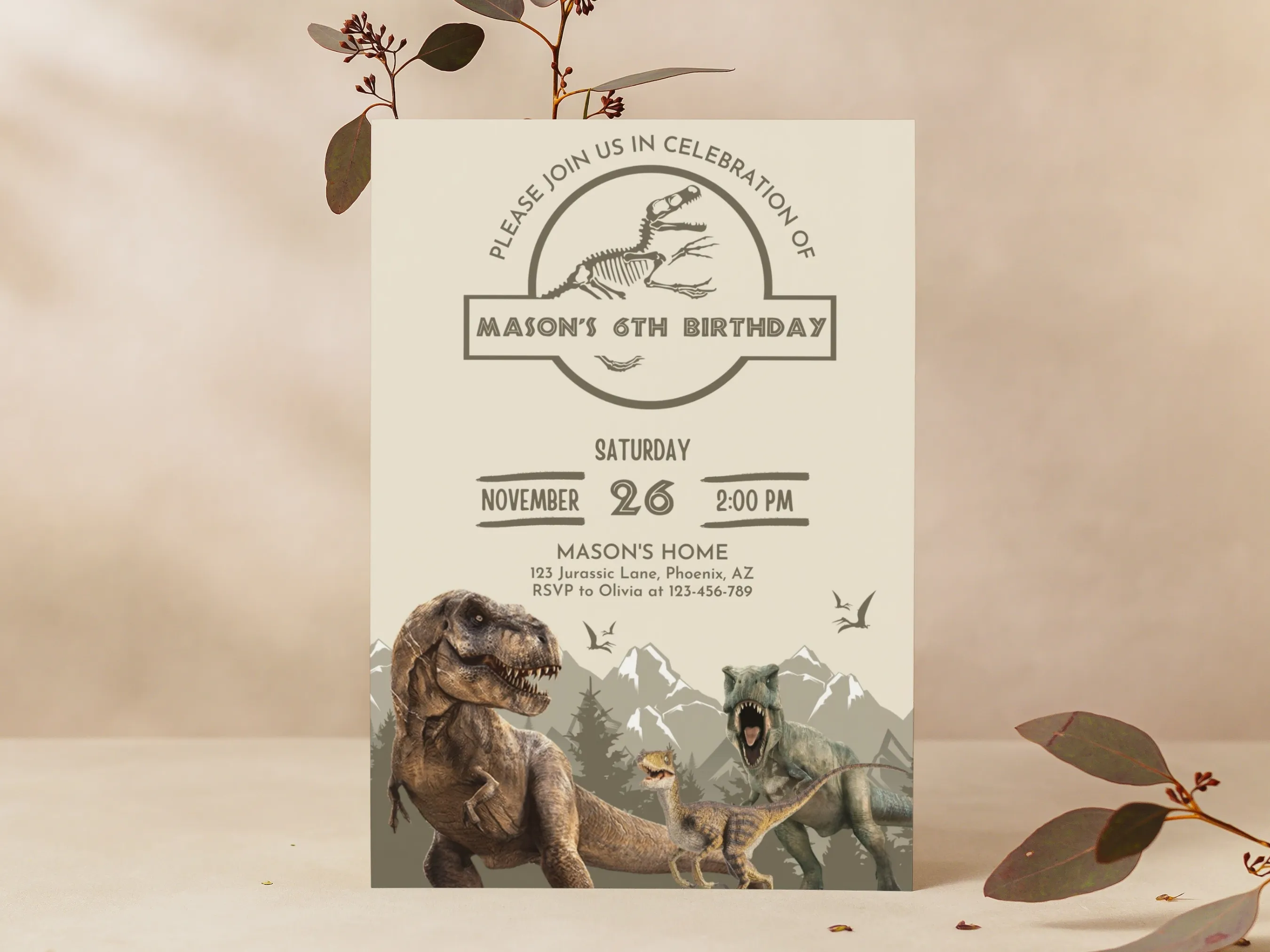 Dinosaur birthday invitation — Jurassic T-Rex theme editable Canva template for kids’ birthday party (digital download)