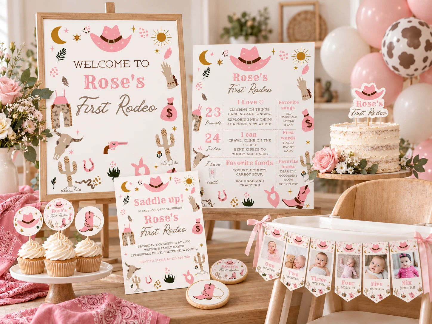 First birthday party planning guide with coordinated invitation, milestone board, welcome sign and birthday decorations