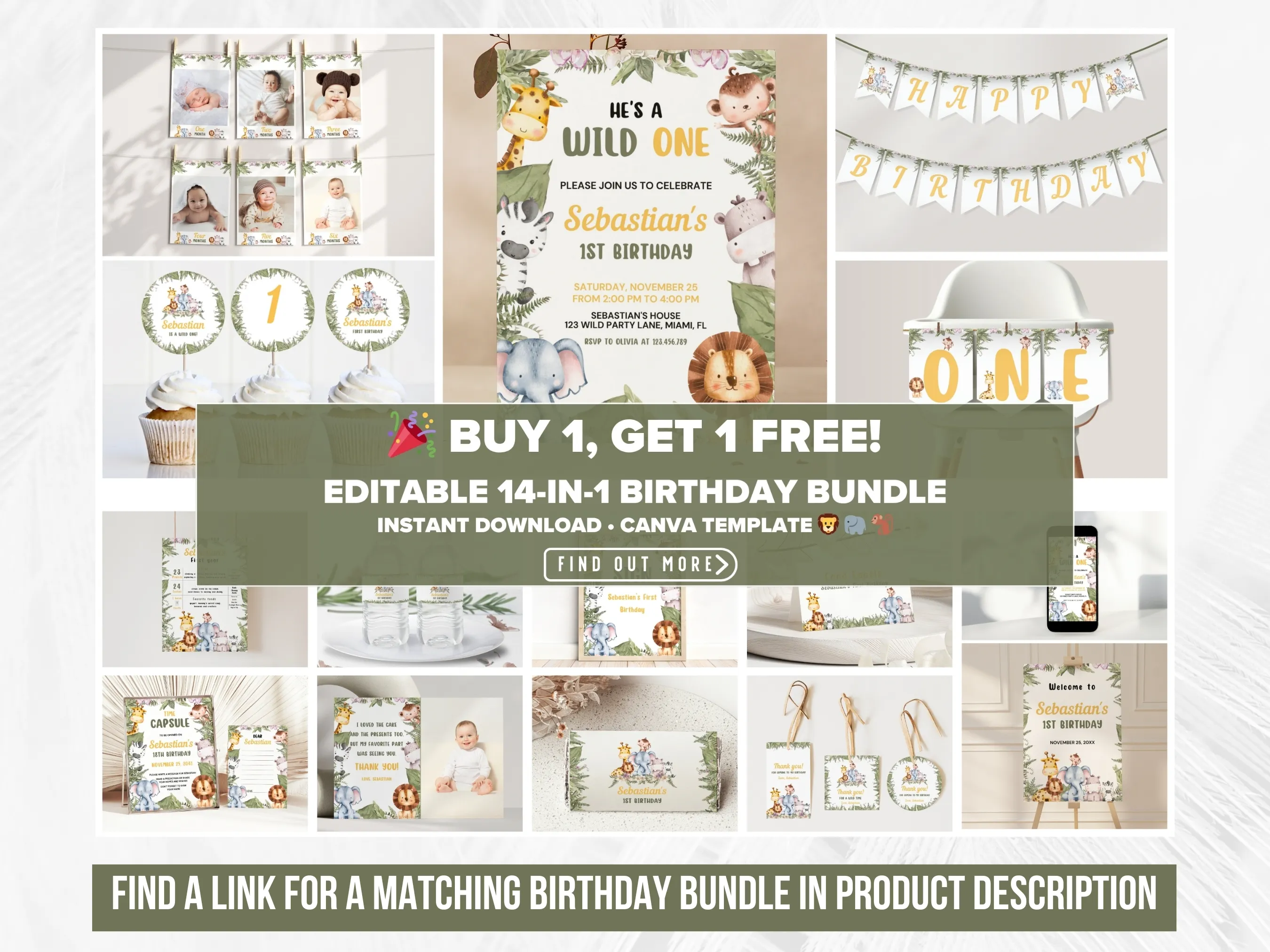 Wild One Safari Birthday Mobile Invitation | Jungle Animals Evite | Editable Canva Template | Digital Download