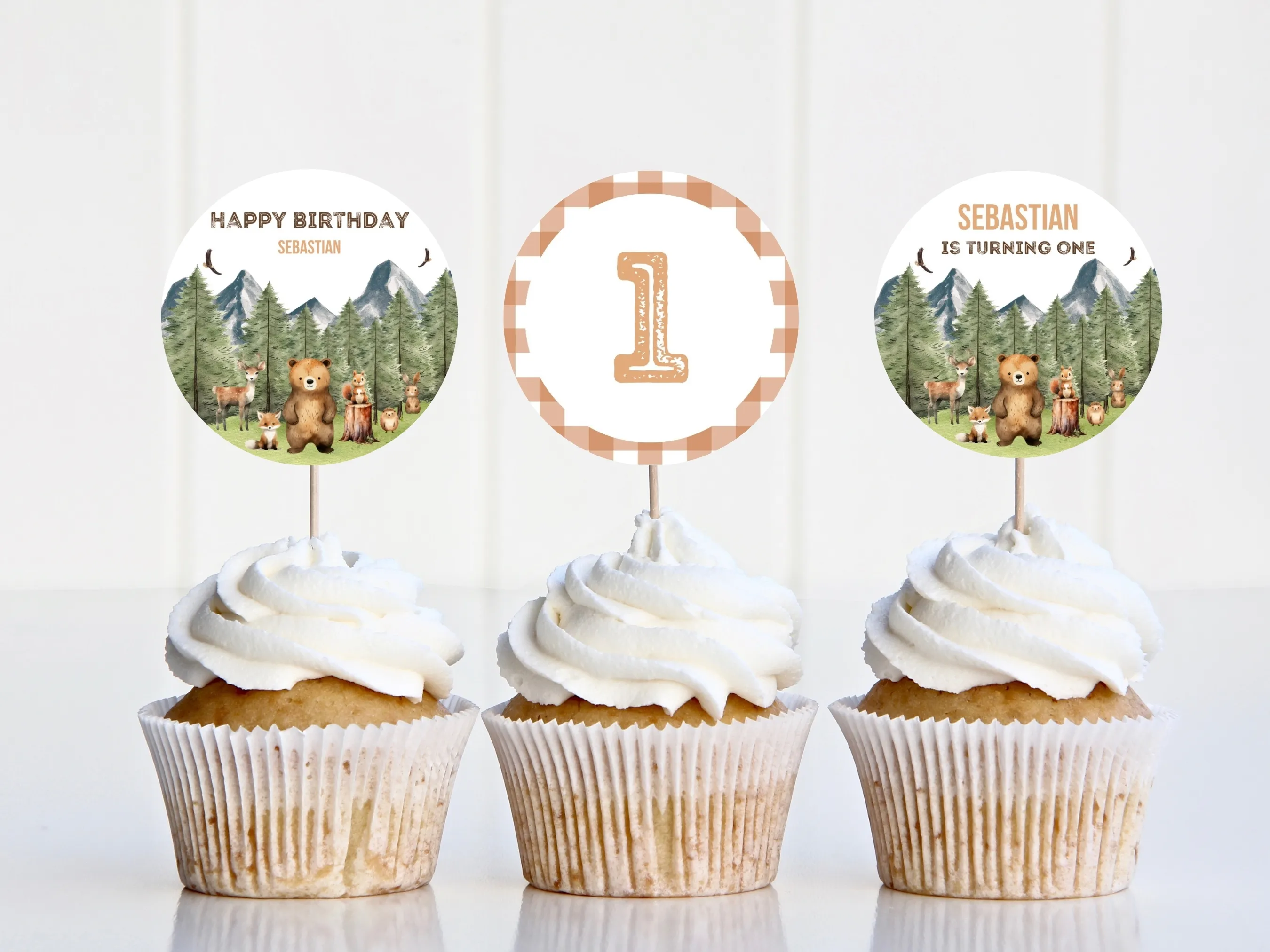 Woodland cupcake toppers with forest animals and matching Wild One “One” cake topper for 1st birthday boys, editable Canva template by fllcdesigns