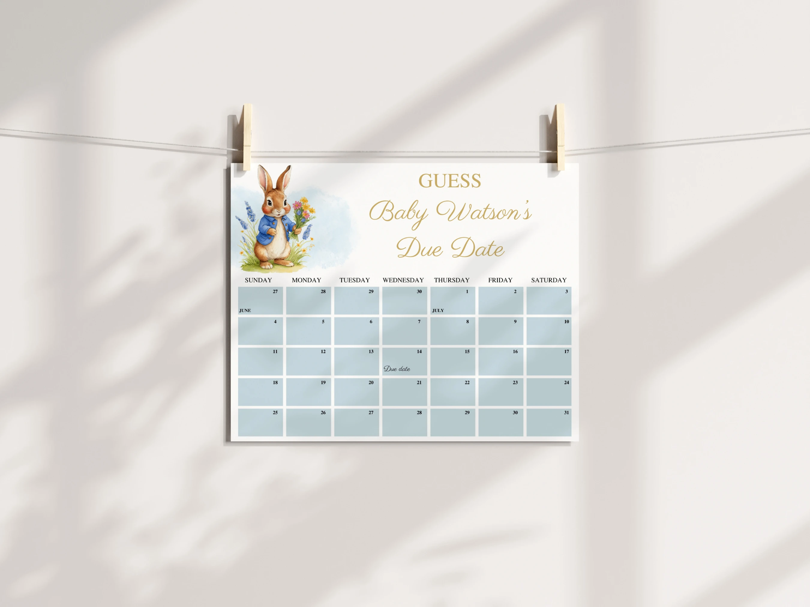 Peter Rabbit Baby Due Date Calendar | Flopsy Bunny Prediction Game | Spring Guess The Birthday | Editable Canva Template | Digital Download