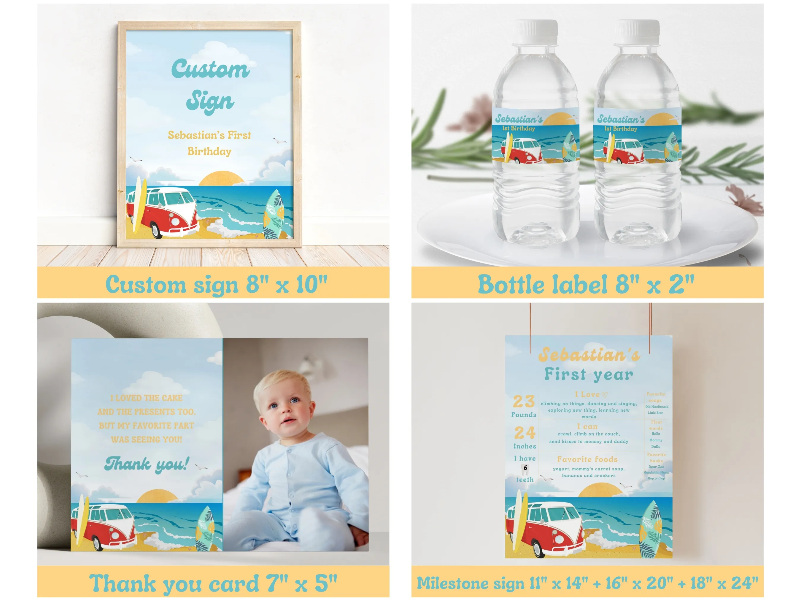 The Big One Birthday Bundle | Surf Birthday Party | Beach Theme | VW Truck | Editable Canva Template | Digital Download