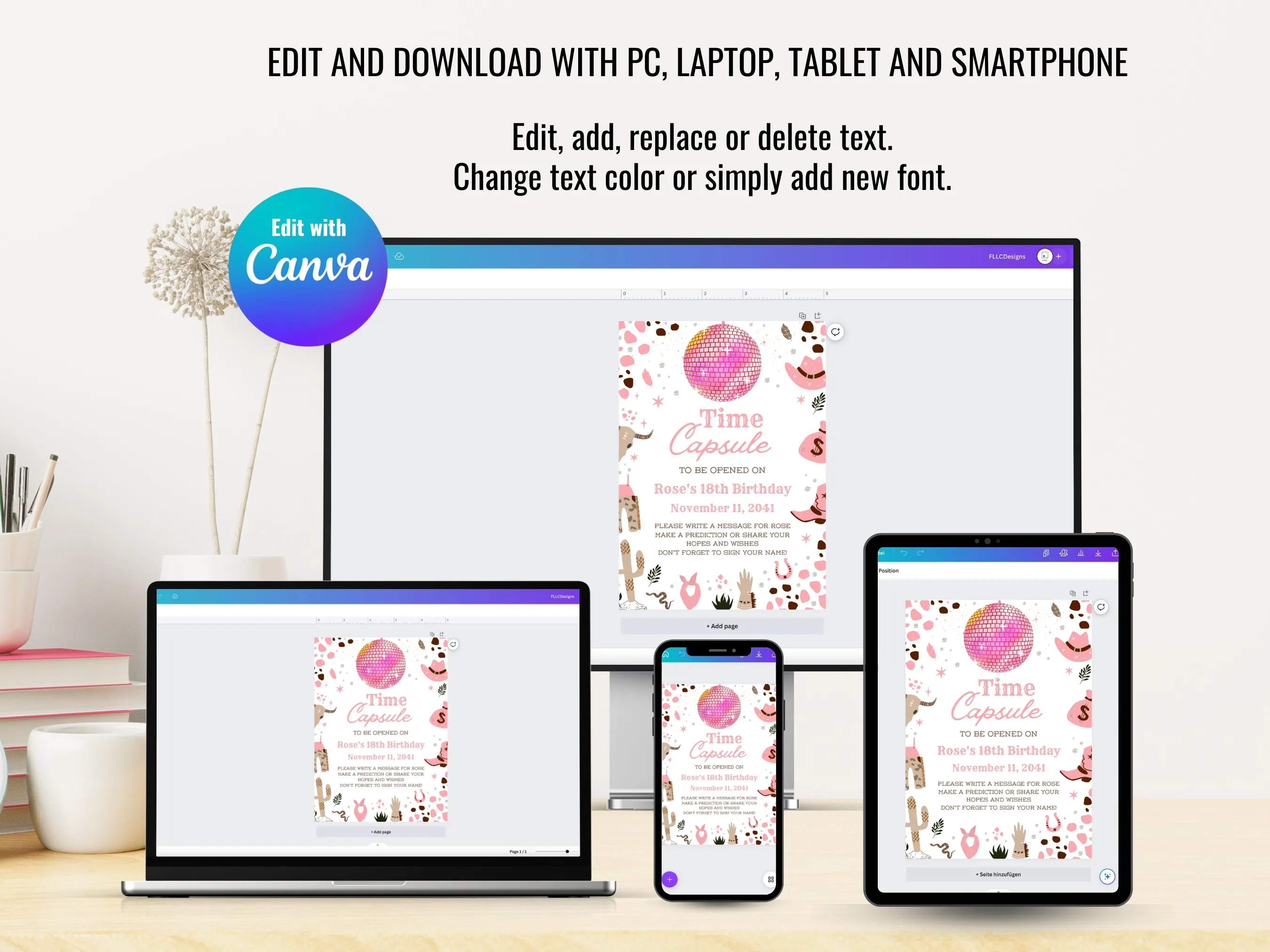 Disco Cowgirl 1st Birthday Time Capsule Sign & Wishes Card | Western Birthday Guest Book | Editable Canva Template | Digital Download