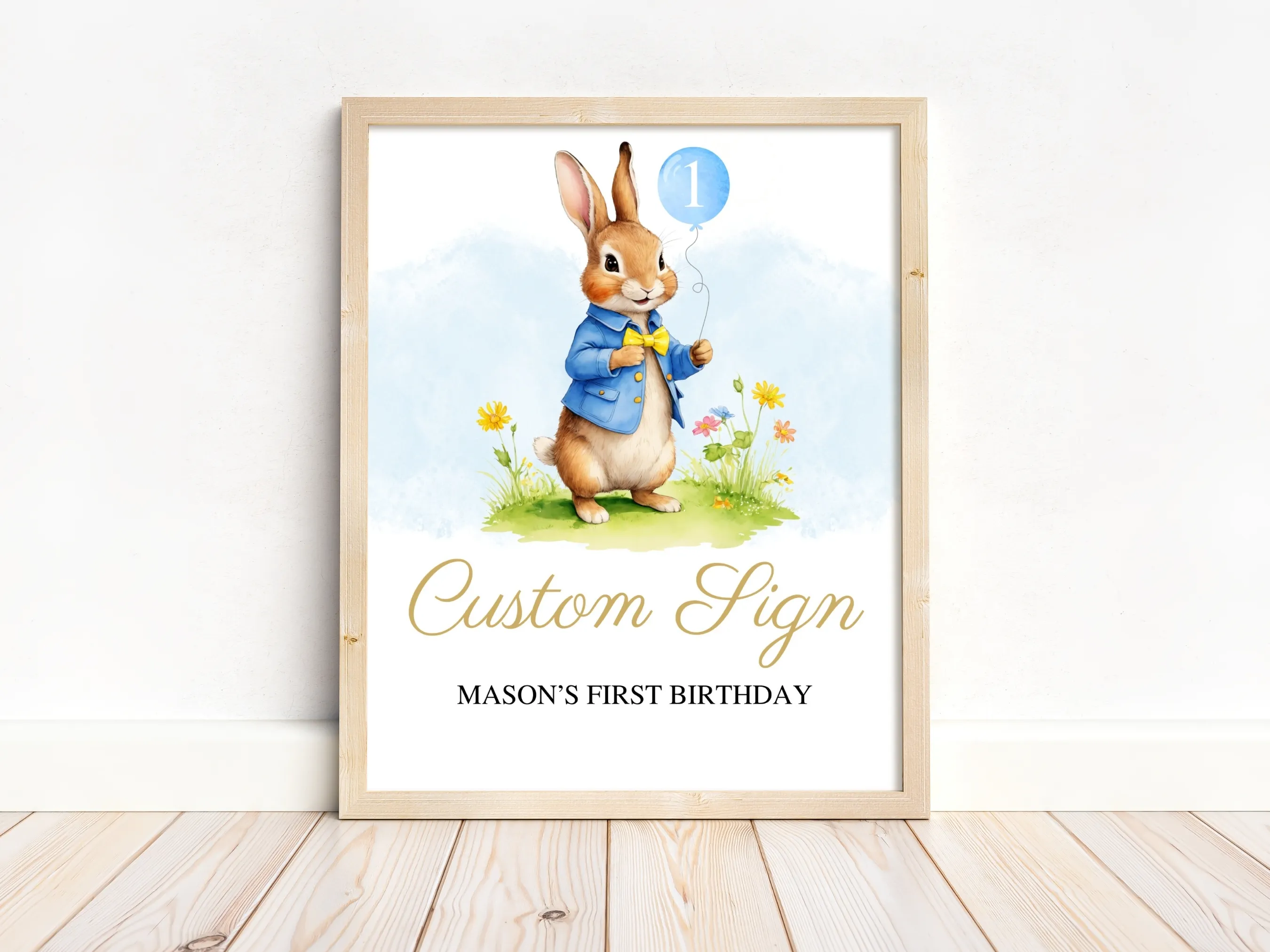 Peter Rabbit custom birthday sign with Flopsy Bunny theme, customizable cards and gifts or dessert table sign, editable Canva template by fllcdesigns