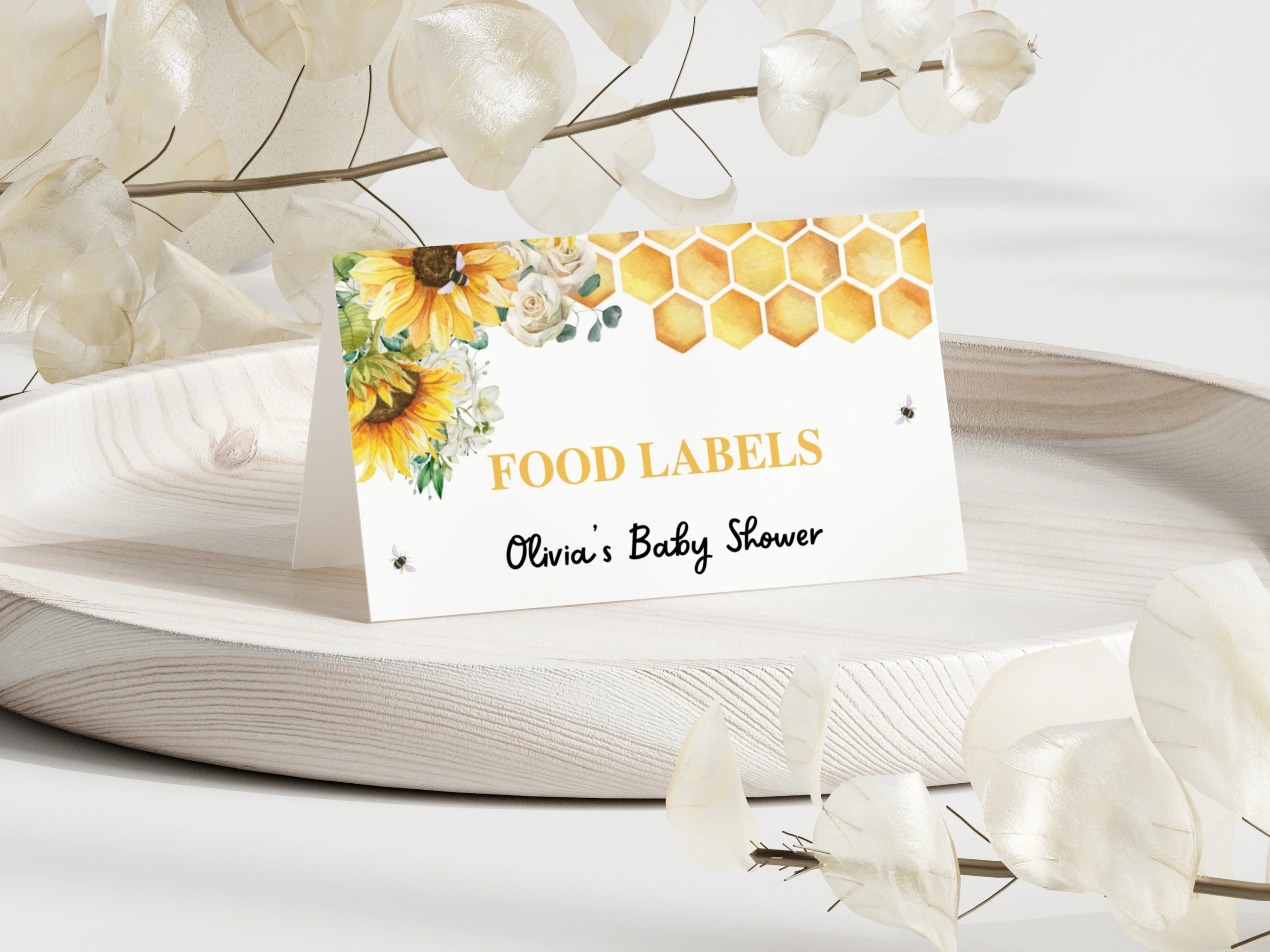 honey bee baby shower place cards sunflower bumble bee baby girl seating cards canva template digital download, sunflower bumble bee baby shower seating cards sweet as can bee decorations canva template