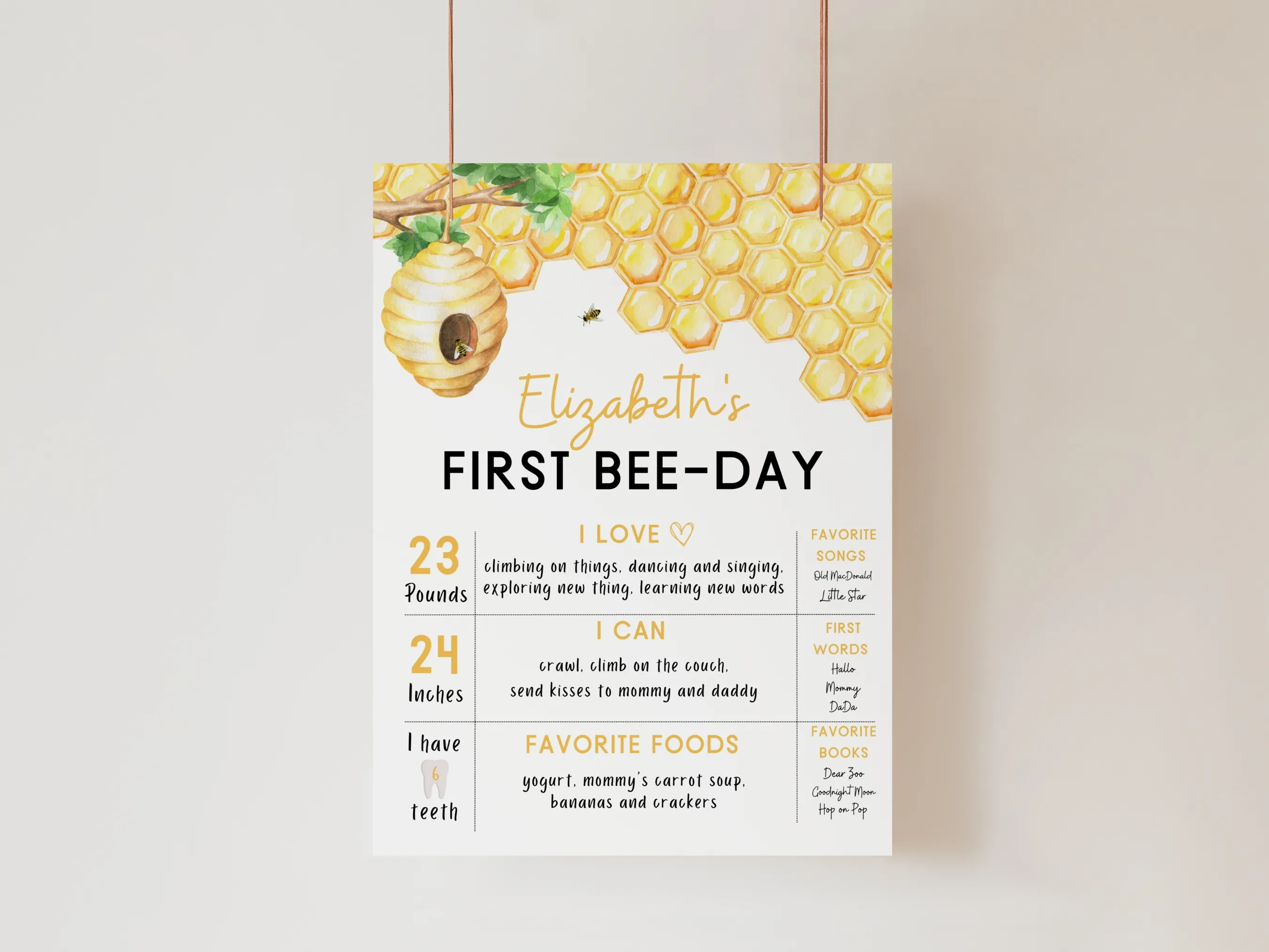 First Bee Day birthday milestone board and milestone sign with bumble bee and honey bee theme for a first birthday, editable Canva template digital download by fllcdesigns