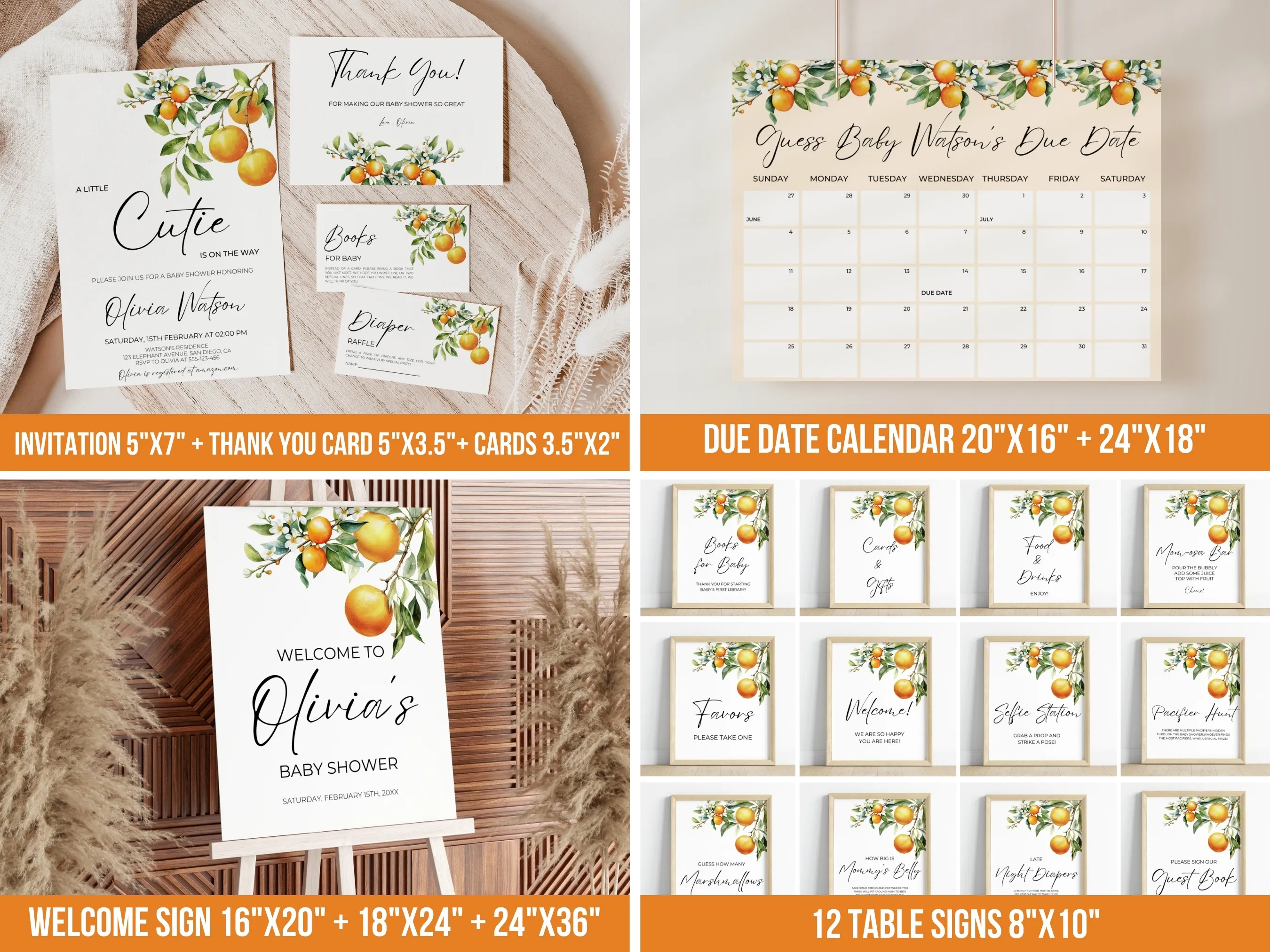 Little Cutie Baby Shower Bundle | Clementine Theme Canva Templates | Digital Download
