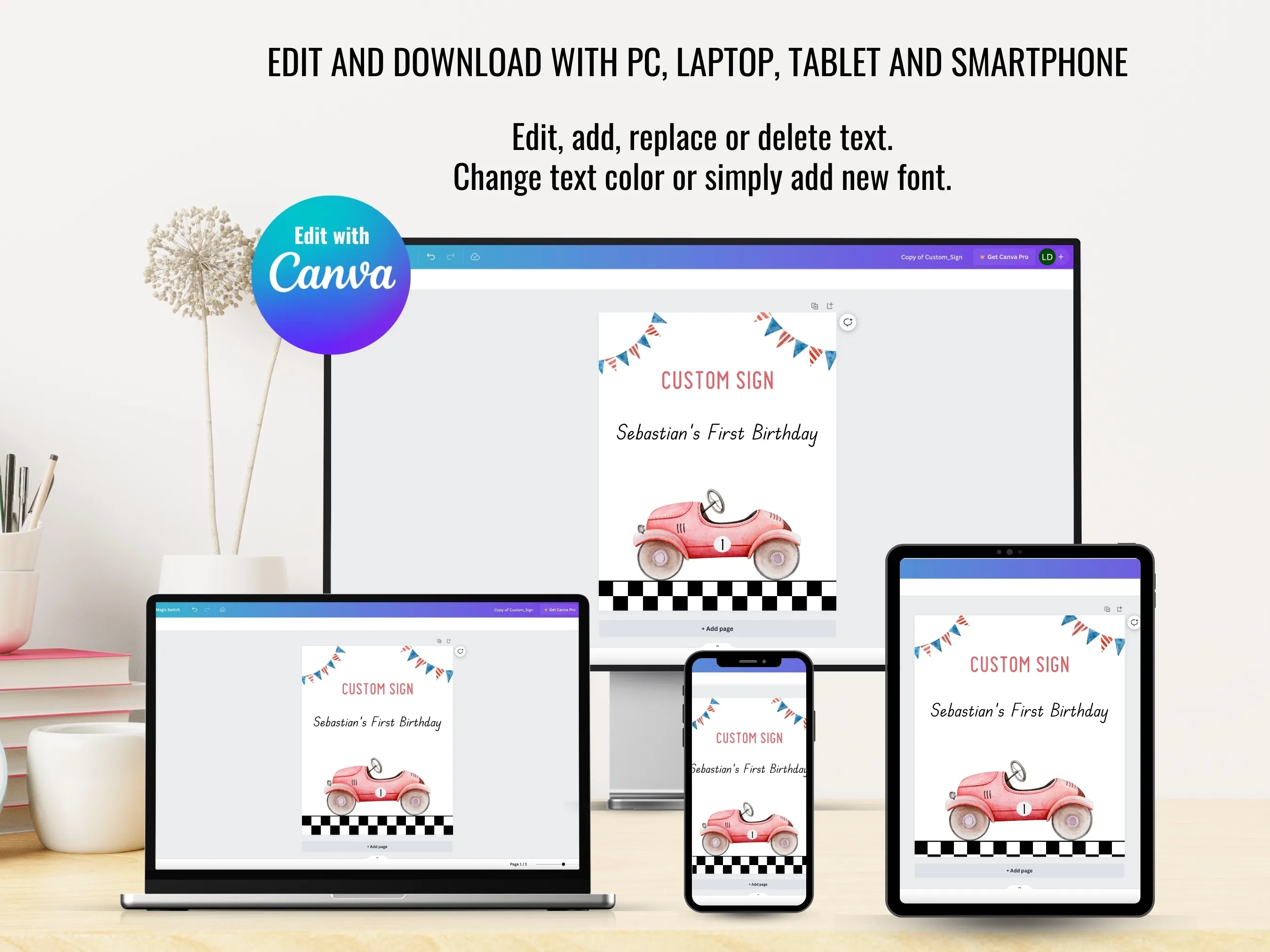Fast One Custom Birthday Sign | Red Race Car Party Cookie Table Sign | Racing Birthday Gift Table Sign | Editable Canva Template | Digital Download