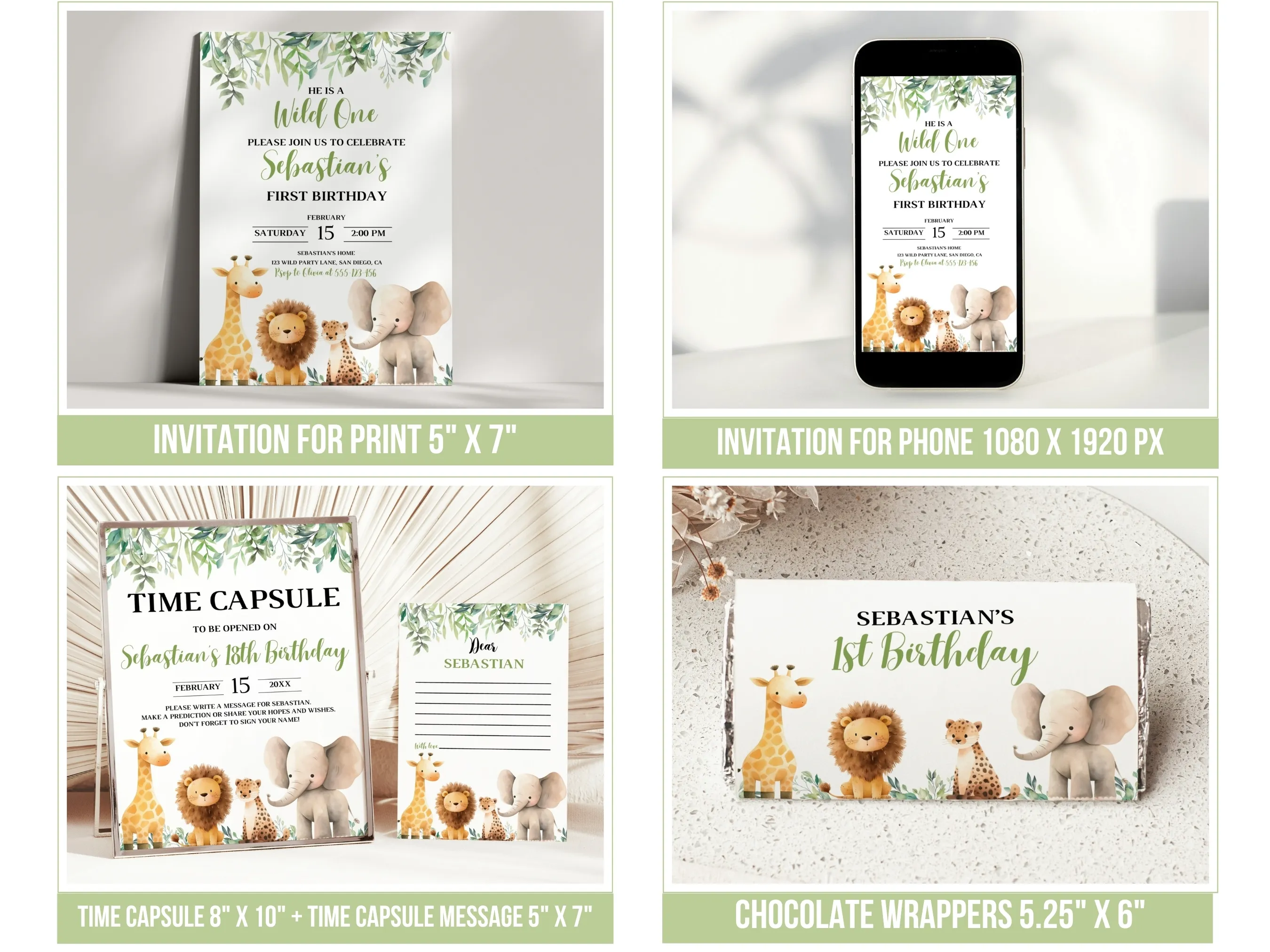 Wild One Safari Birthday Bundle | Jungle Animals Birthday Decorations | Editable Canva Template | Digital Download