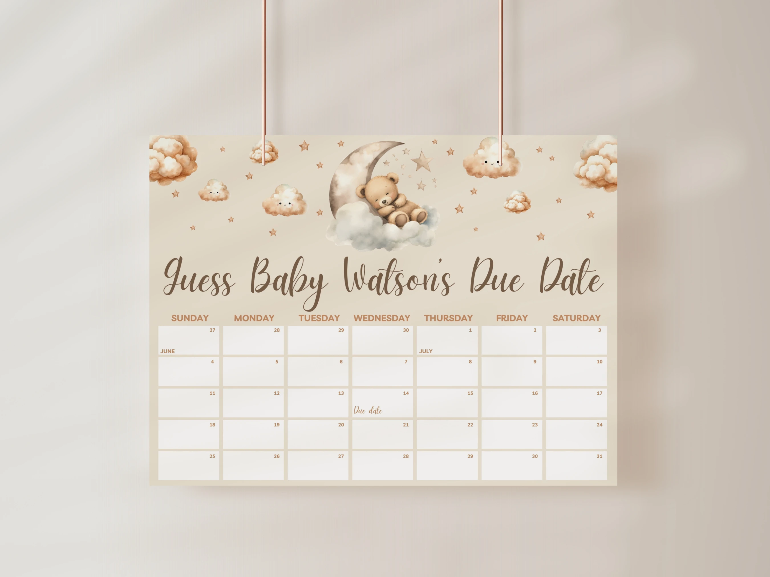 sleeping teddy bear baby shower due date calendar beige gold moon stars prediction game canva template digital download, teddy bear baby shower prediction game over the moon beige gold decorations canva template