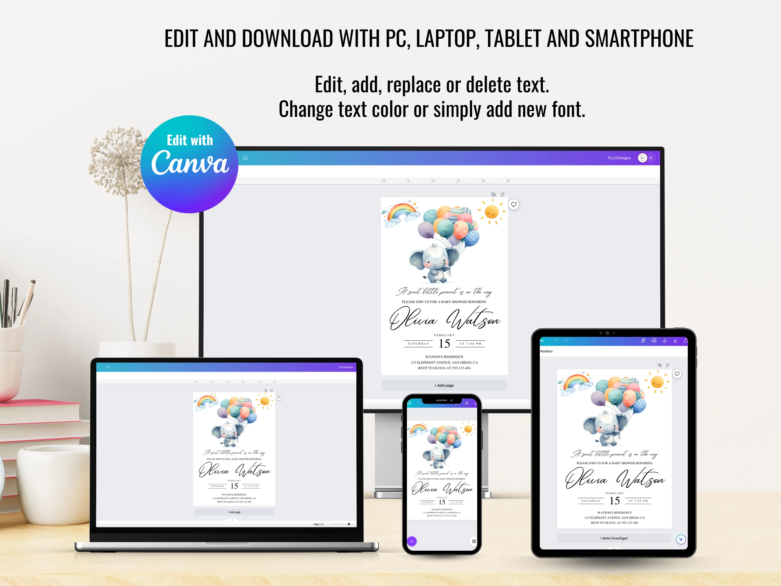 Elephant Baby Shower Invitation Set | Little Peanut Starter Pack | Editable Canva Template | Digital Download