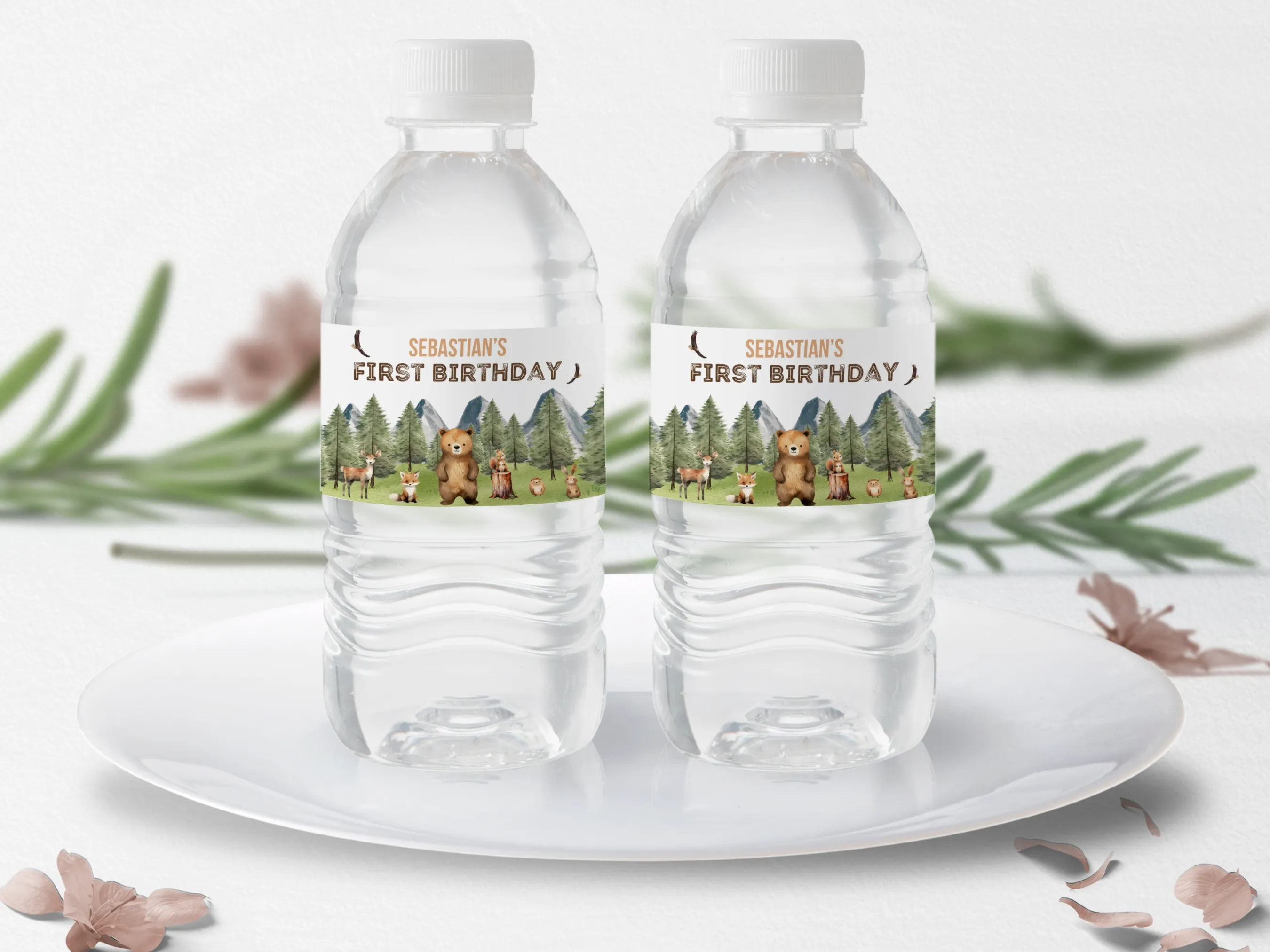 Woodland water bottle labels with Wild One forest animal design, editable bottle wraps and birthday bottle stickers by fllcdesigns