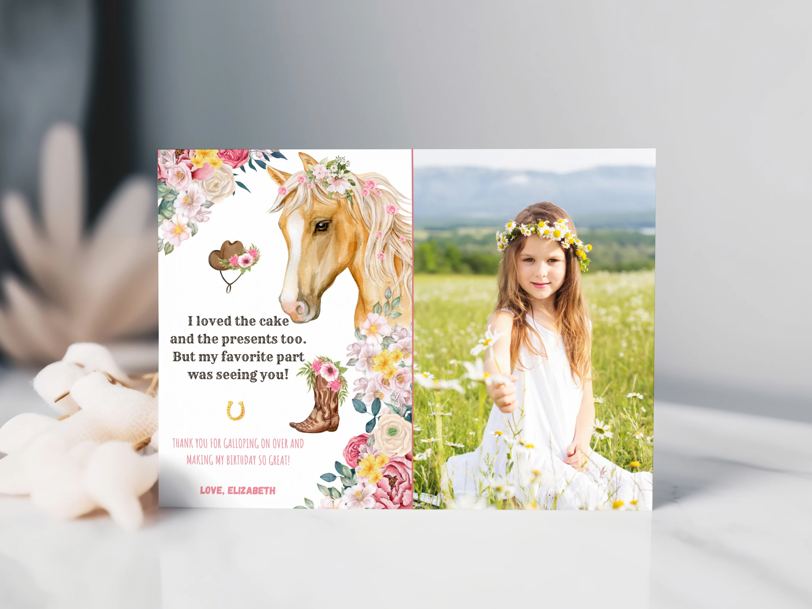 horse birthday thank you card, pony party thank you note, birthday thank you card with photo, cowgirl birthday thank you note, printable kids thank you card