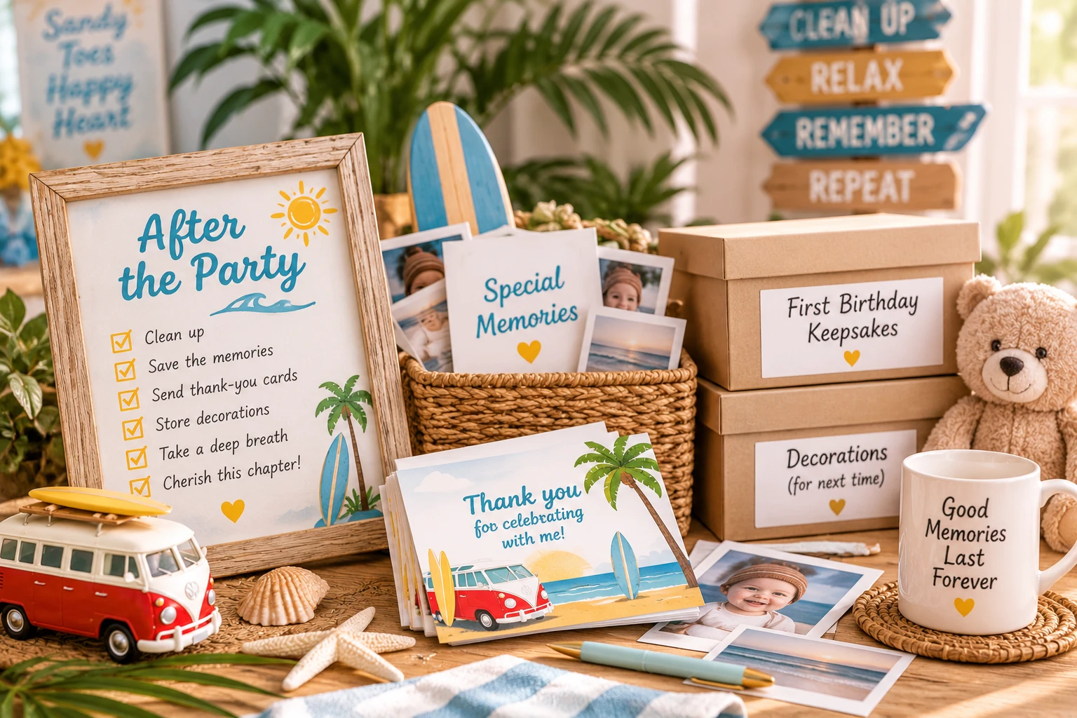 Relaxed after-party first birthday scene with saved cards, photographs, gifts, keepsakes and beach themed celebration details