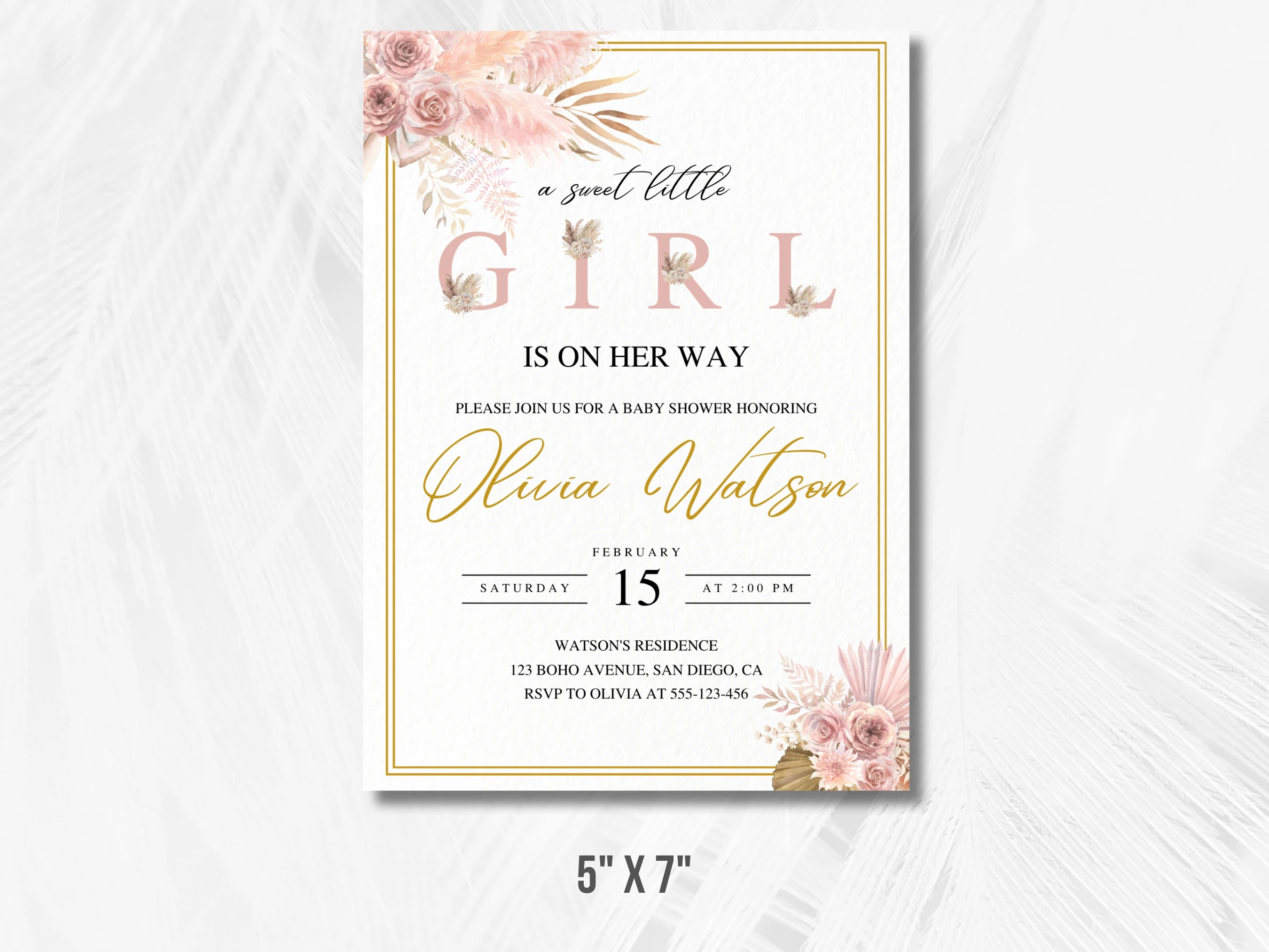 Boho Baby Shower Invitation | Pampas Grass Rose Gold Baby Shower Invitation | Flower Baby Shower Party | Editable Canva Template | Digital Download