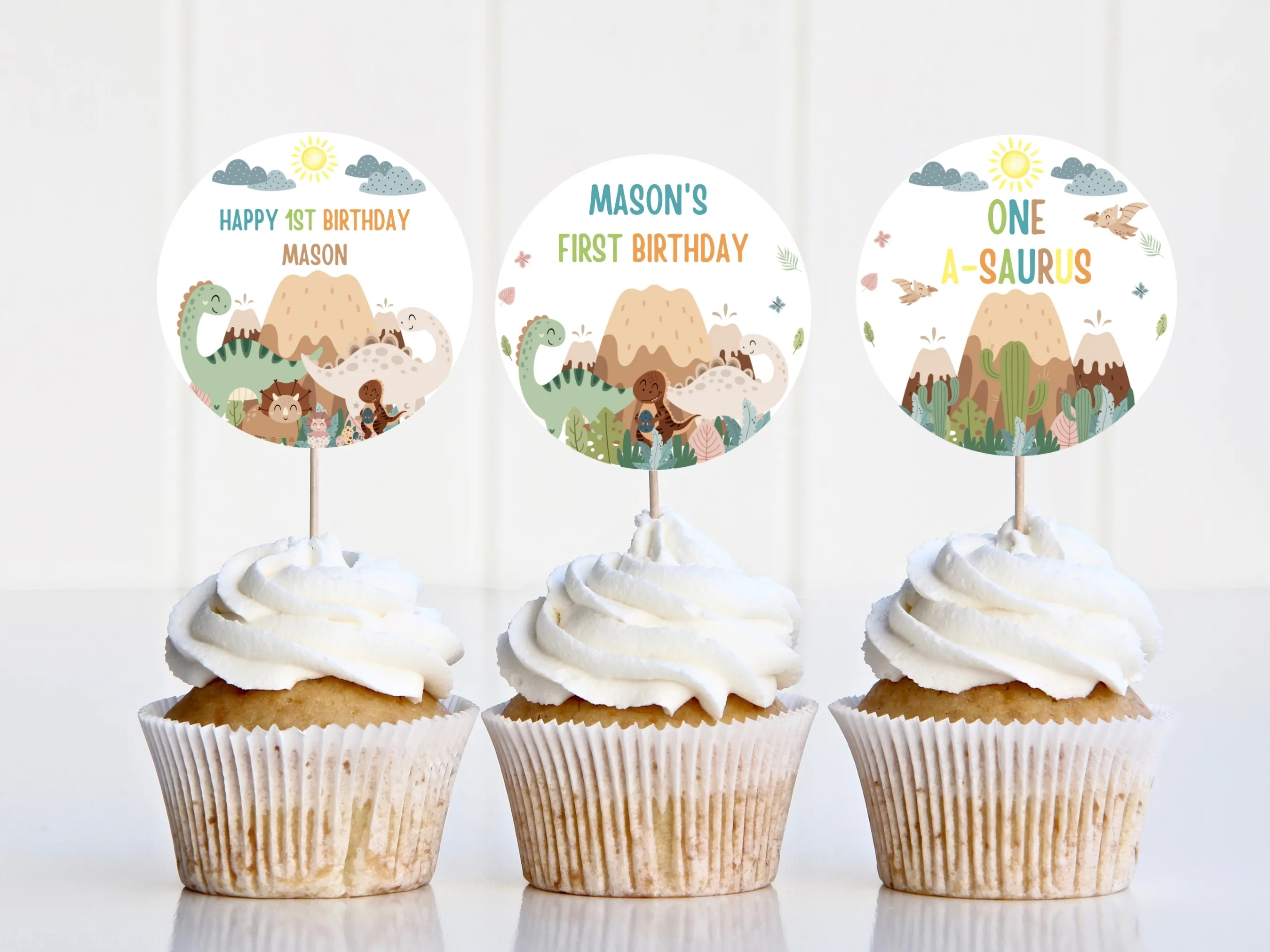 Baby dinosaur cupcake toppers for boy dino birthday parties with matching dinosaur cake topper, editable Canva template by fllcdesigns