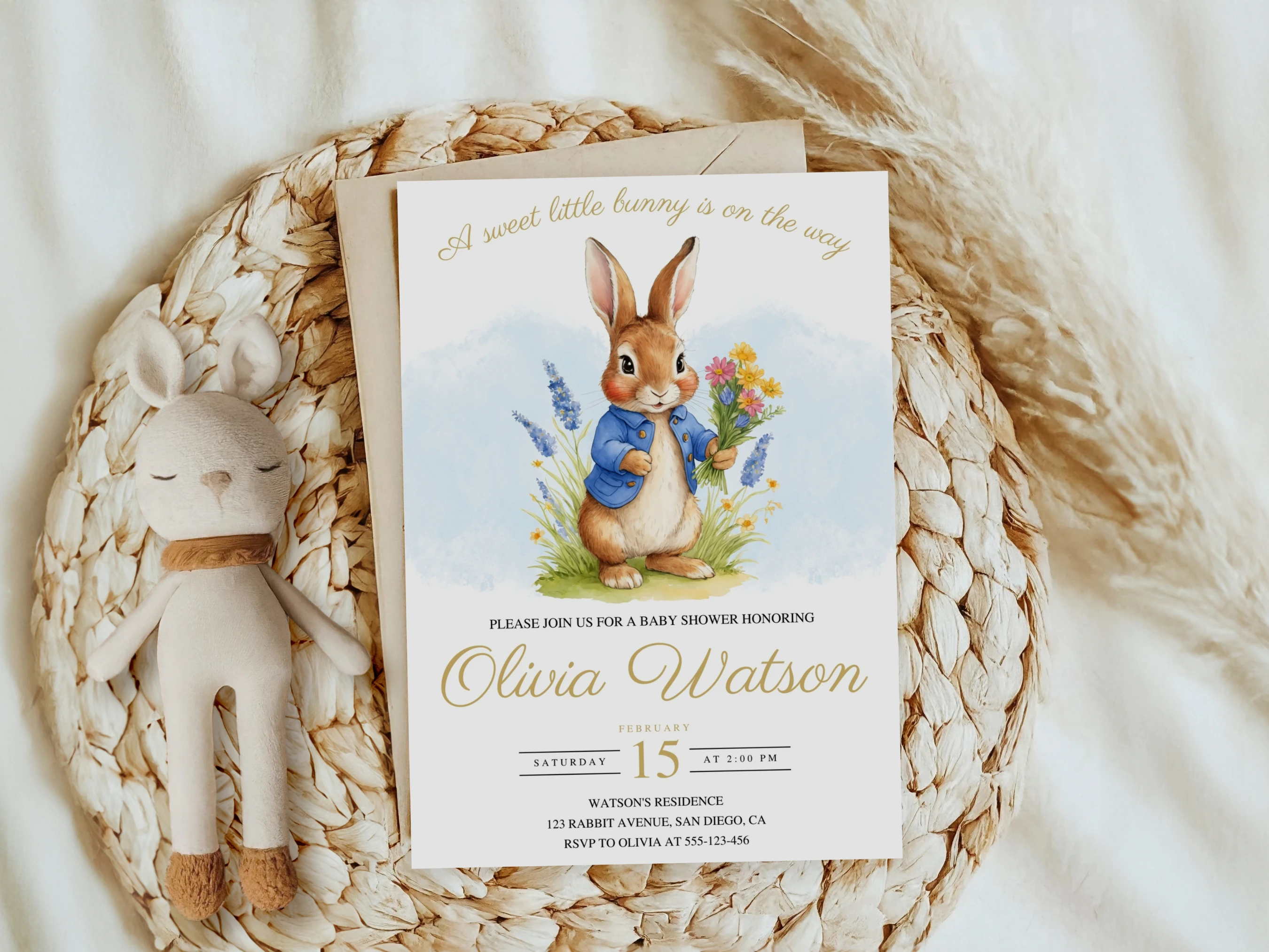 Peter Rabbit Baby Shower Invitation Set | Flopsy Bunny Spring Blue And Gold Starter Pack | Editable Canva Template | Digital Download