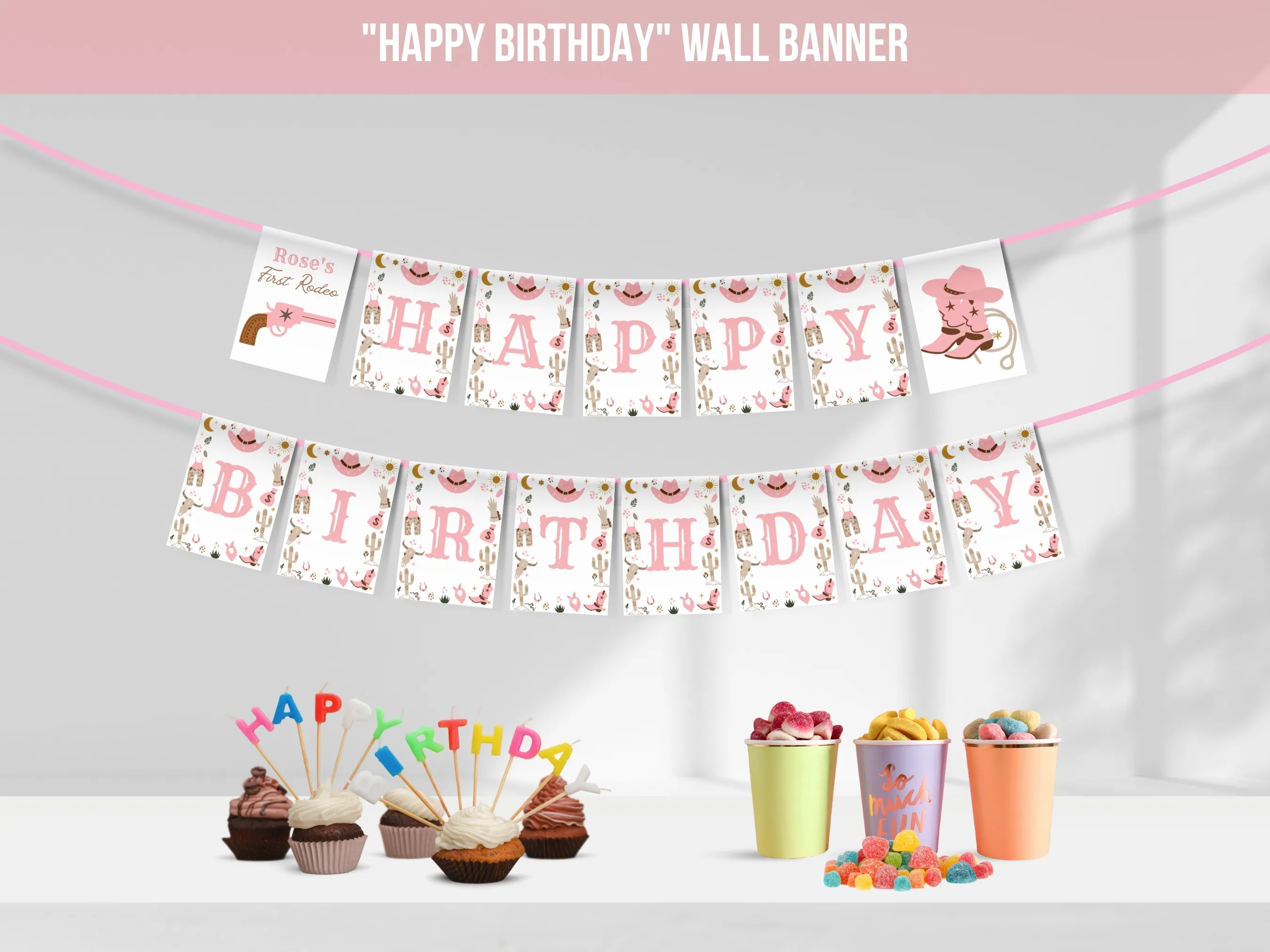 My First Rodeo Happy Birthday banner with cowgirl western theme, customizable birthday bunting and wall banner, editable Canva template by fllcdesigns