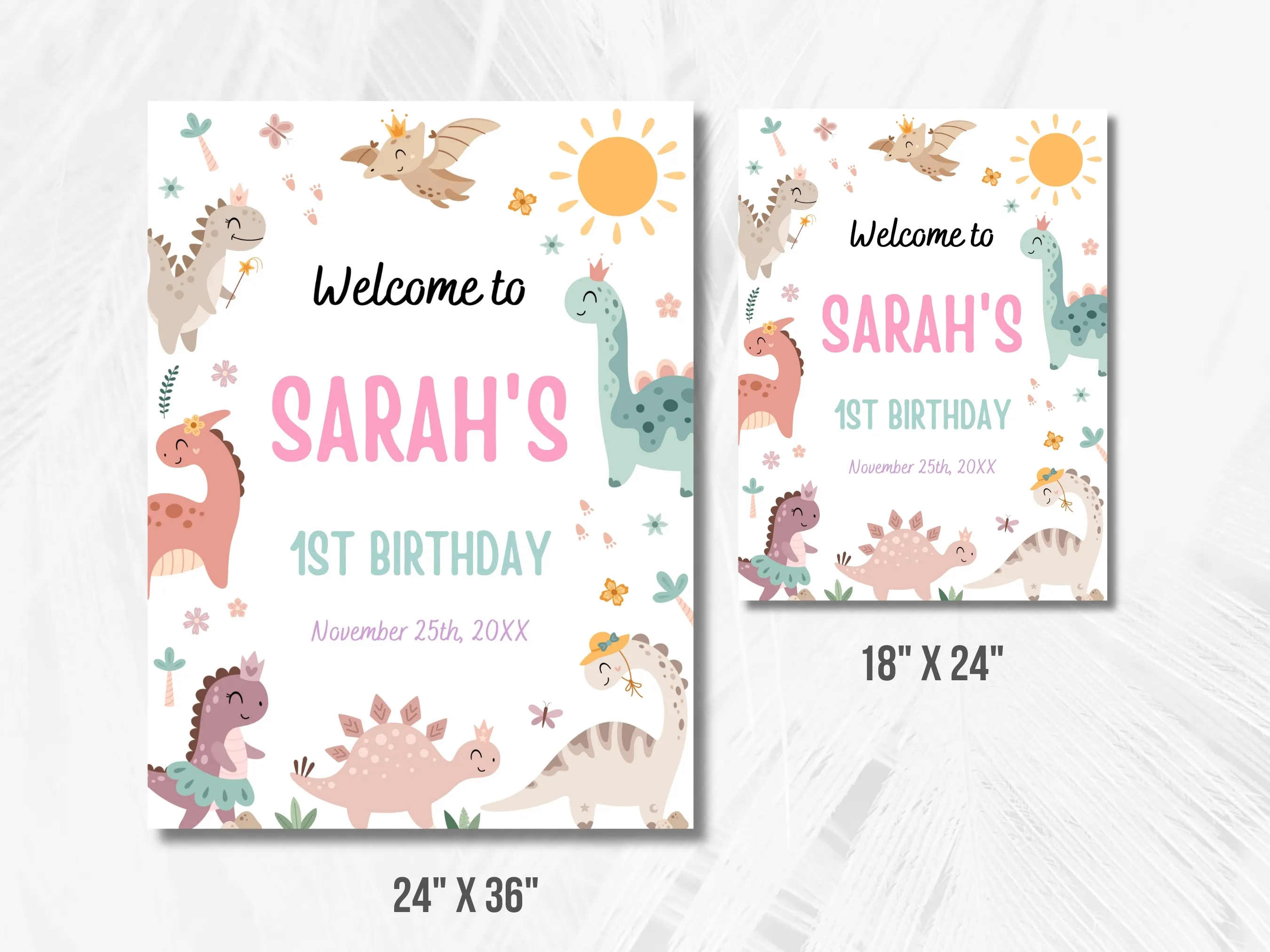 Pink Baby Dinosaur 1st Birthday Welcome Sign | Girl Dino Party Welcome Board | Jurassic Birthday Entrance Poster | Editable Canva Template | Digital Download