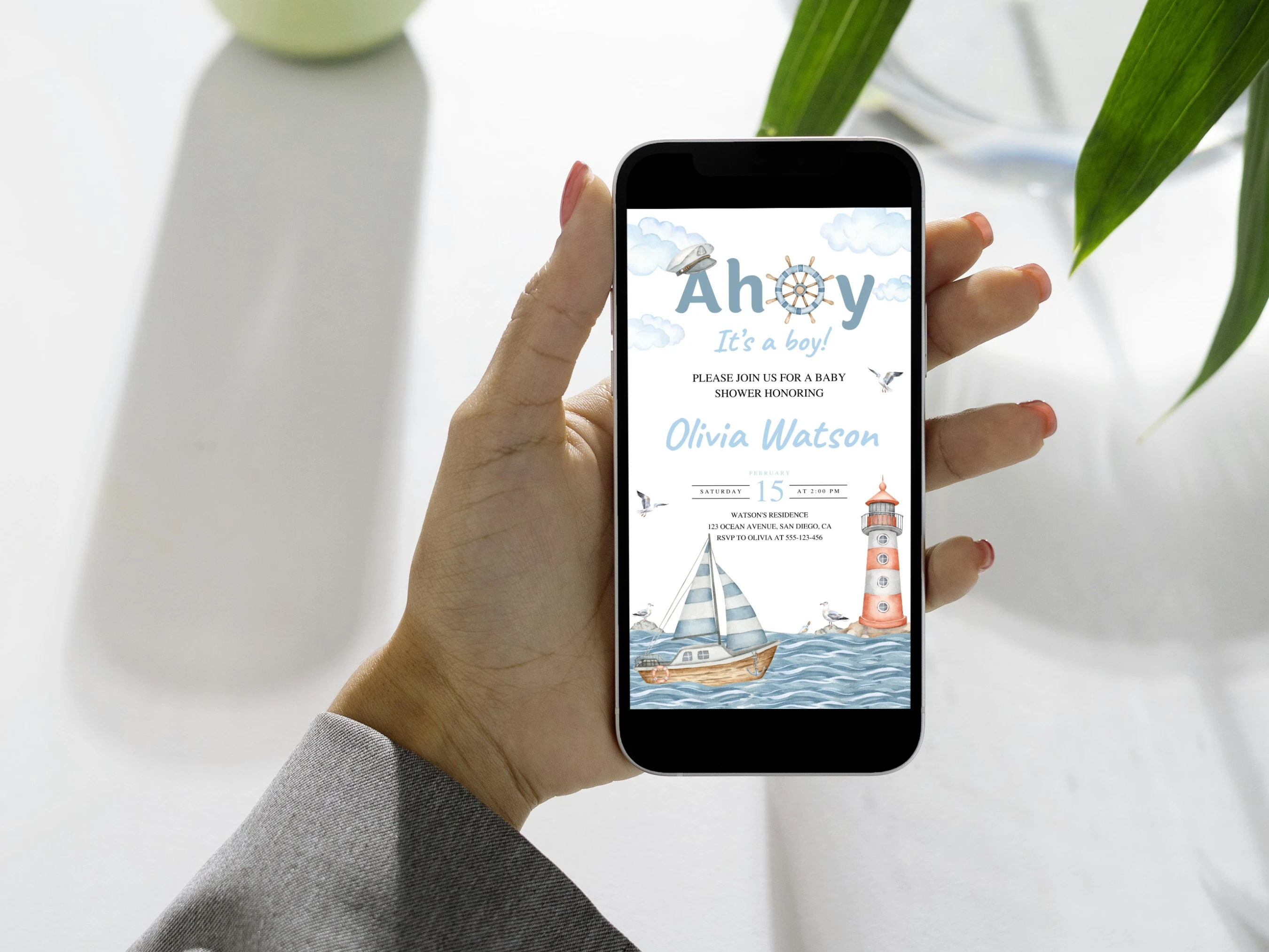 Ahoy It's a Boy Baby Shower Mobile Invitation | Nautical Baby Shower Digital Invite | Ocean and Sailboat Baby Shower Party | Editable Canva Template | Digital Download
