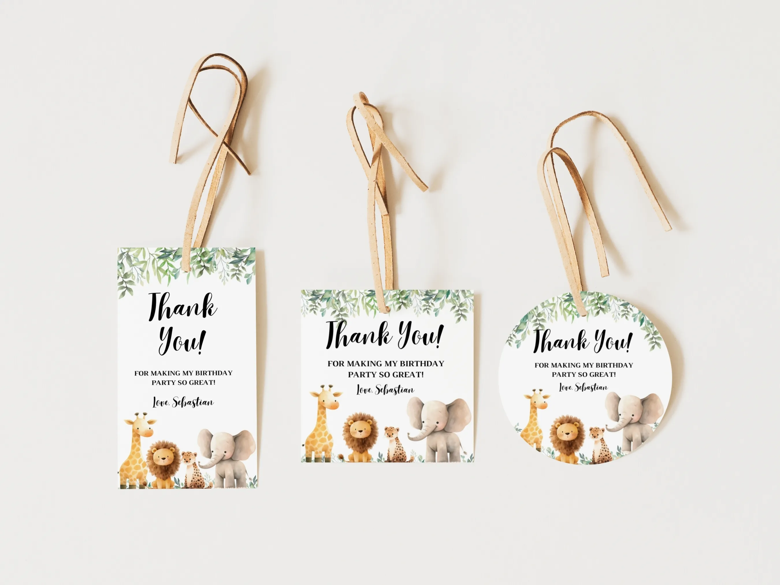 Wild One birthday thank you tags with jungle animals and safari theme, cute party favor labels, editable Canva template by fllcdesigns
