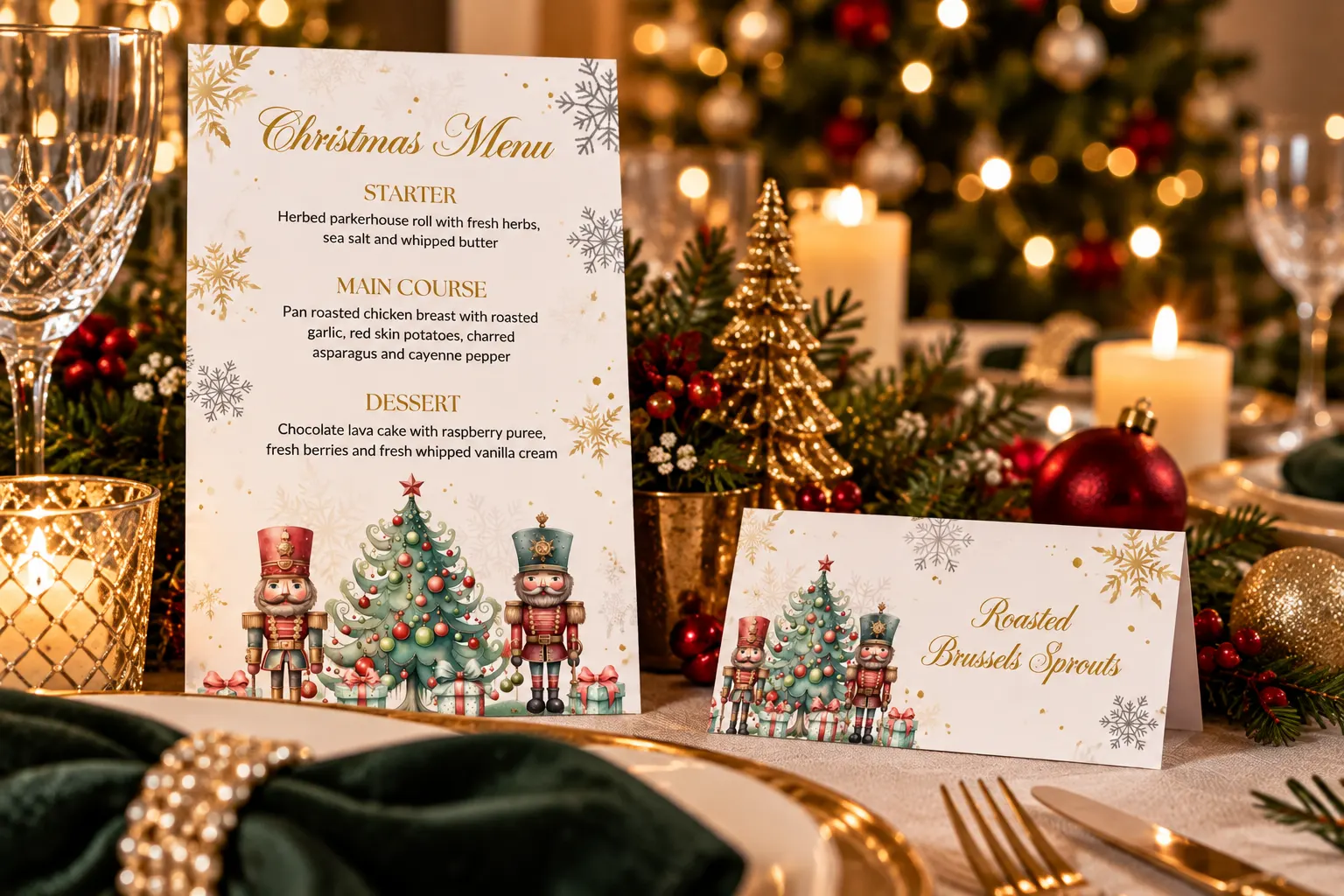 Coordinated Nutcracker Christmas dinner menu and festive food tent displayed on an elegant candlelit Christmas table