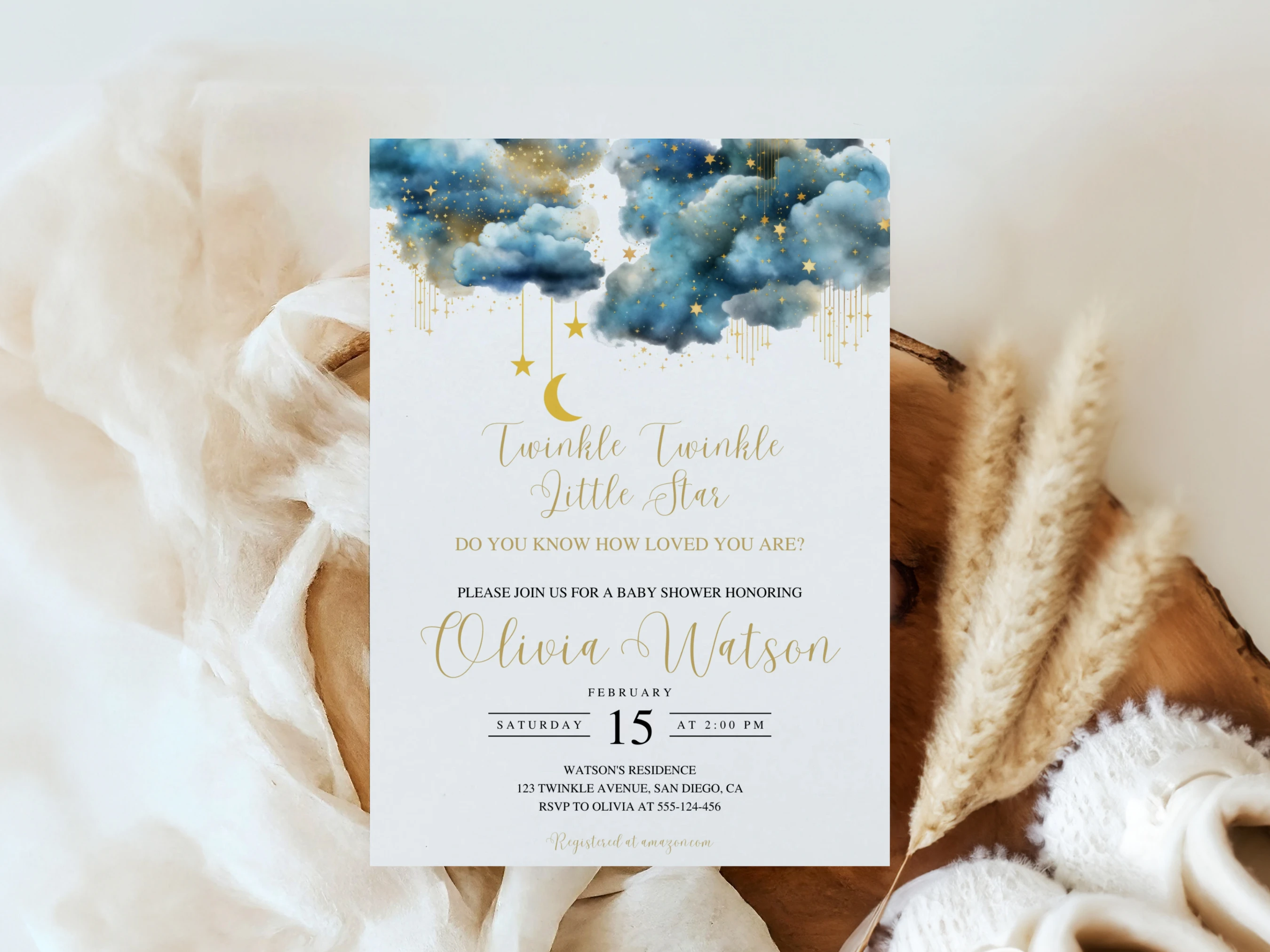 twinkle little star baby shower invitation, over the moon baby shower invitation, boho baby shower invitation template, printable baby shower invite, editable baby shower invitation Canva
