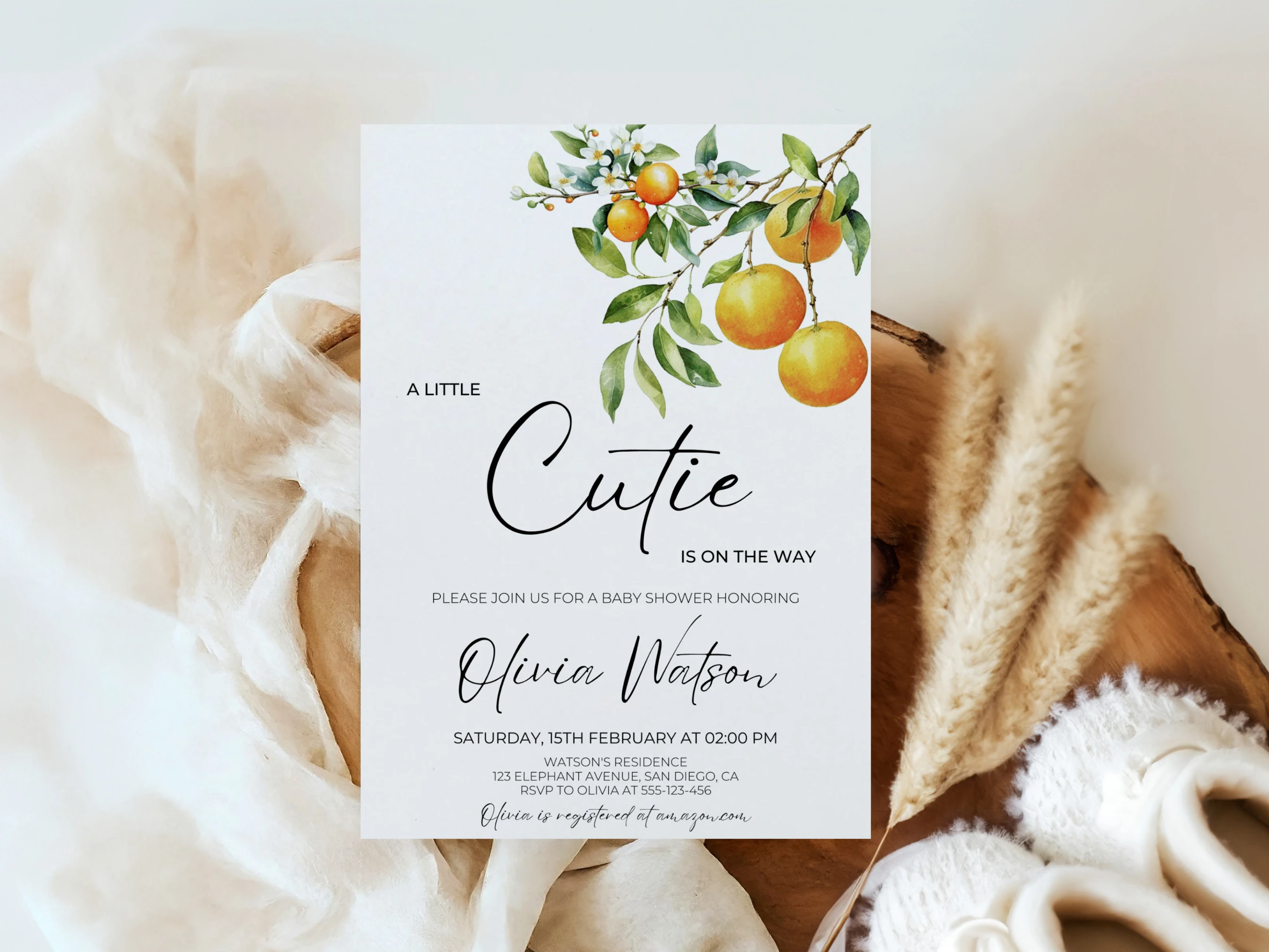 Little Cutie Baby Shower Invitation Set | Orange Clementine Starter Pack For Baby Girl | Editable Canva Template | Digital Download