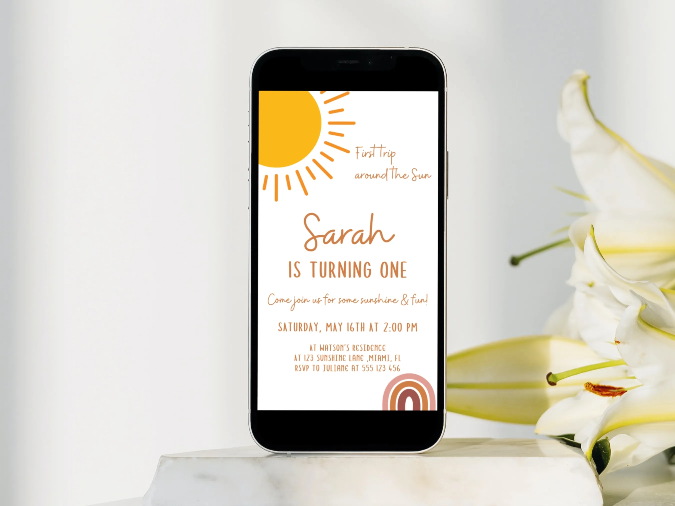 Sunshine birthday evite with First Trip Around the Sun boho rainbow mobile invitation design, editable Canva template, digital download.