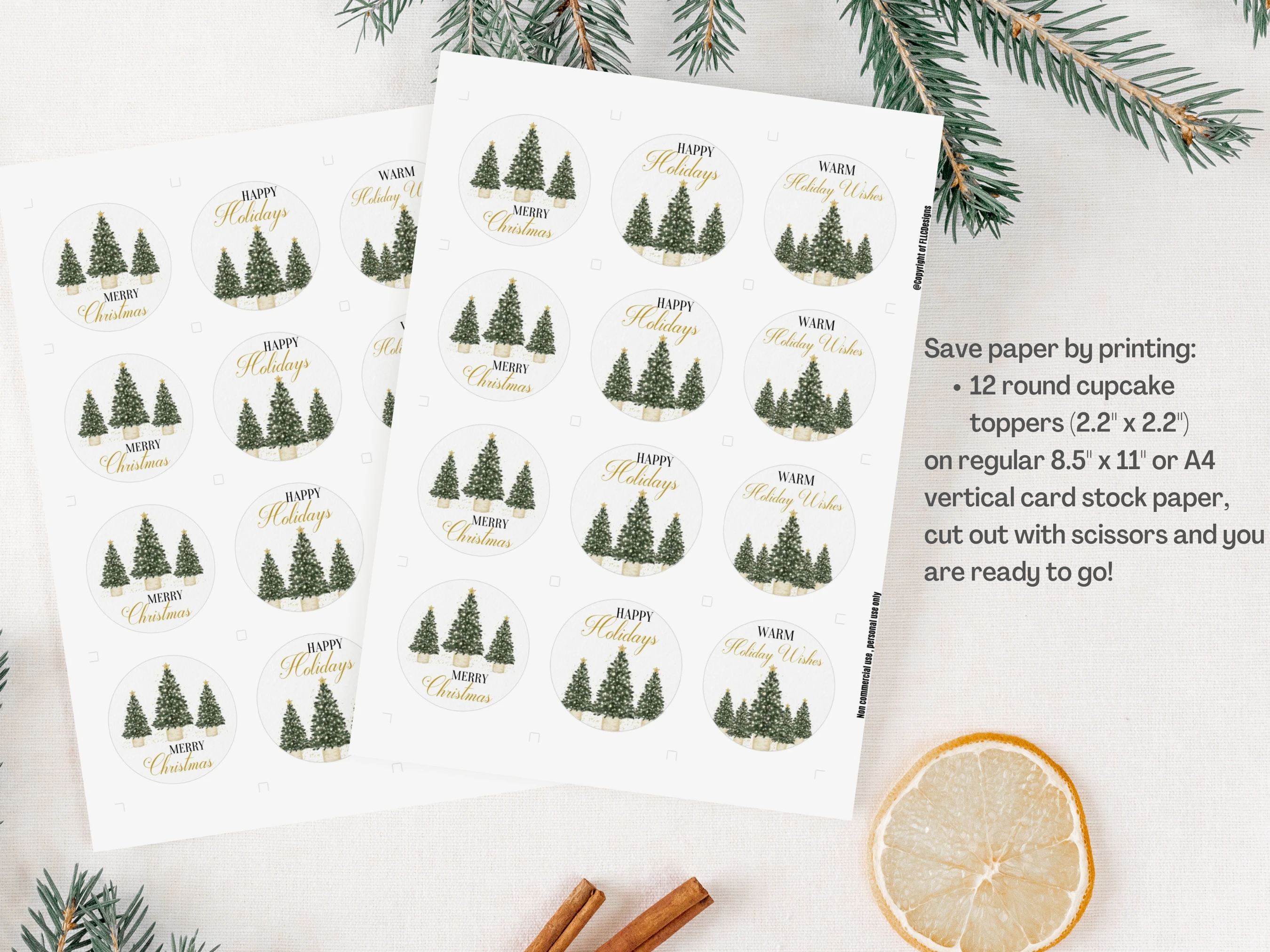 Green & Gold Christmas Cupcake Toppers | Christmas Tree Party Decor | Editable Canva Template | Digital Download