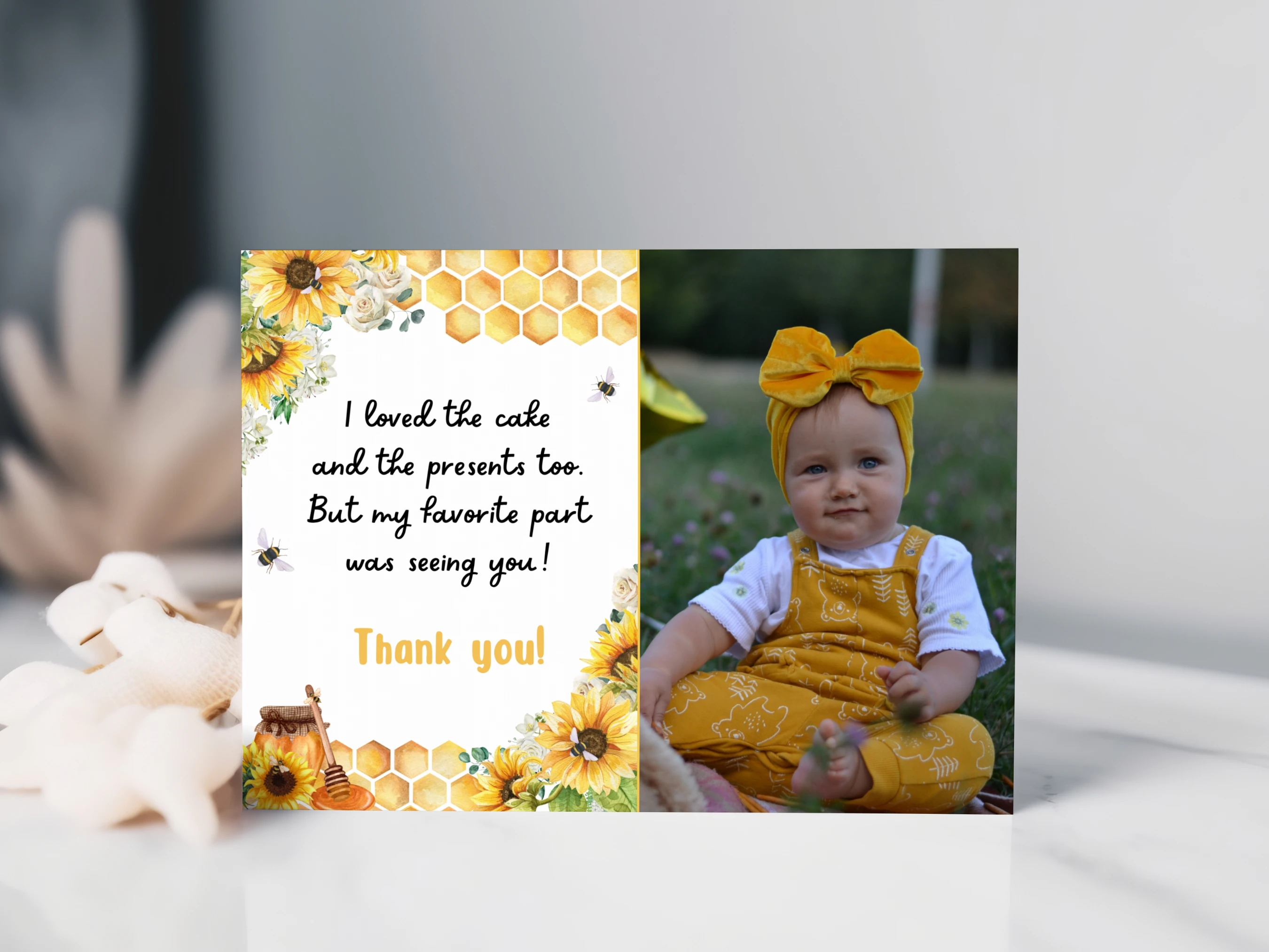 first bee day thank you card, sunflower bee thank you note, birthday thank you card with photo, bee birthday thank you note, printable kids thank you card