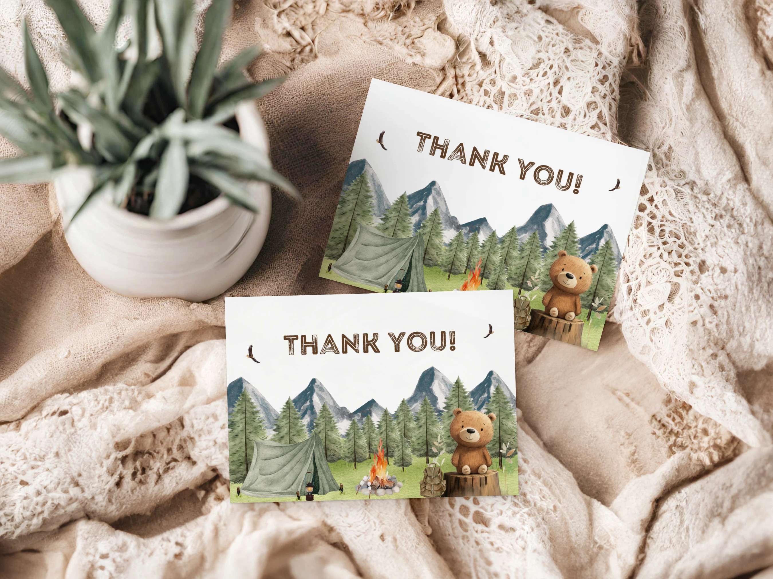 little camper baby shower thank you card, adventure awaits woodland thank you note, bear theme baby shower thank you card printable, woodland baby shower thank you template, editable baby shower thank you card Canva