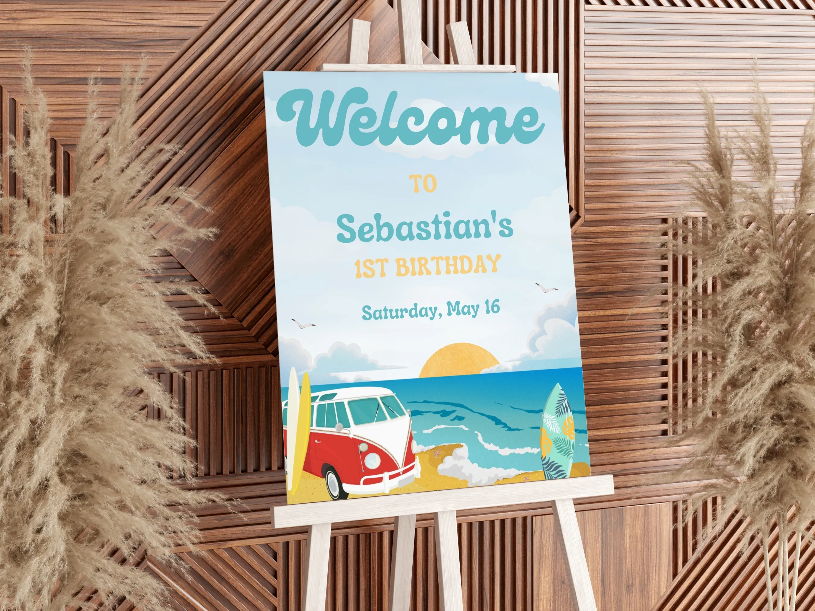 The Big One surf beach birthday welcome sign with ocean theme, first birthday entrance poster, editable Canva template, digital download.