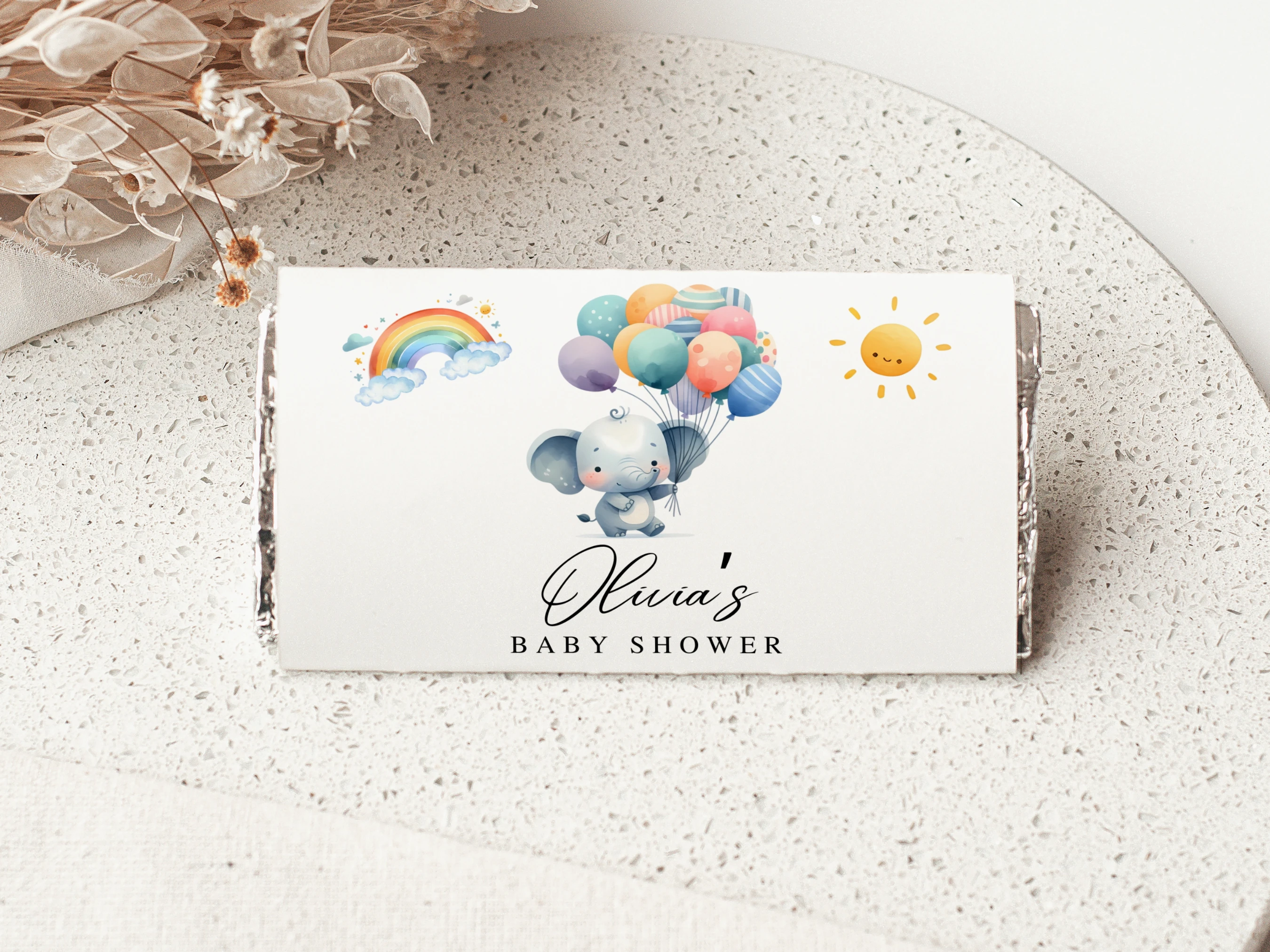 elephant baby shower chocolate wrapper, little peanut candy bar wrapper printable, rainbow balloons baby shower chocolate label, elephant baby shower candy bar label, editable chocolate wrapper Canva
