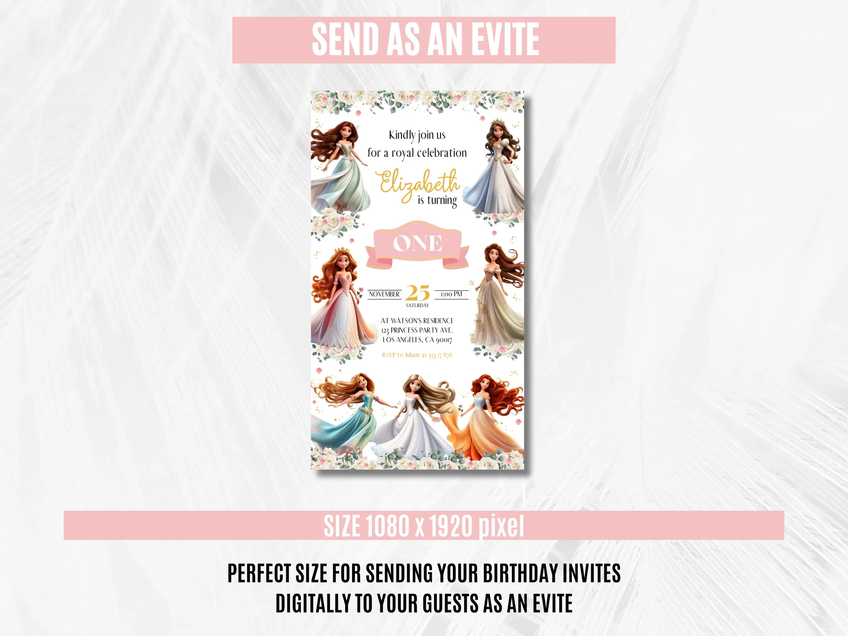 Princess Birthday Evite | Royal Floral Theme Mobile Invitation | Editable Canva Template | Digital Download