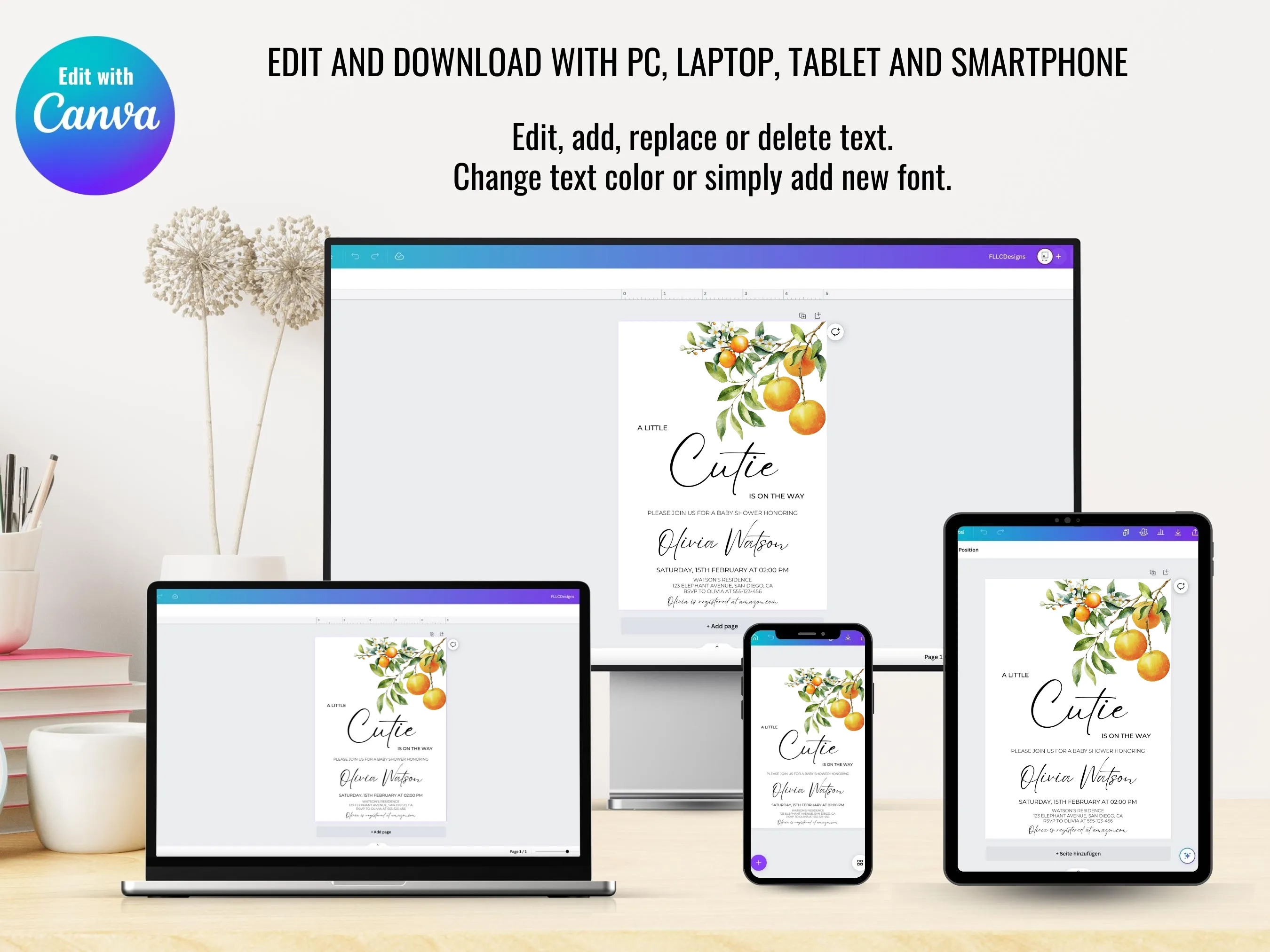 Little Cutie Baby Shower Bundle | Clementine Theme Canva Templates | Digital Download