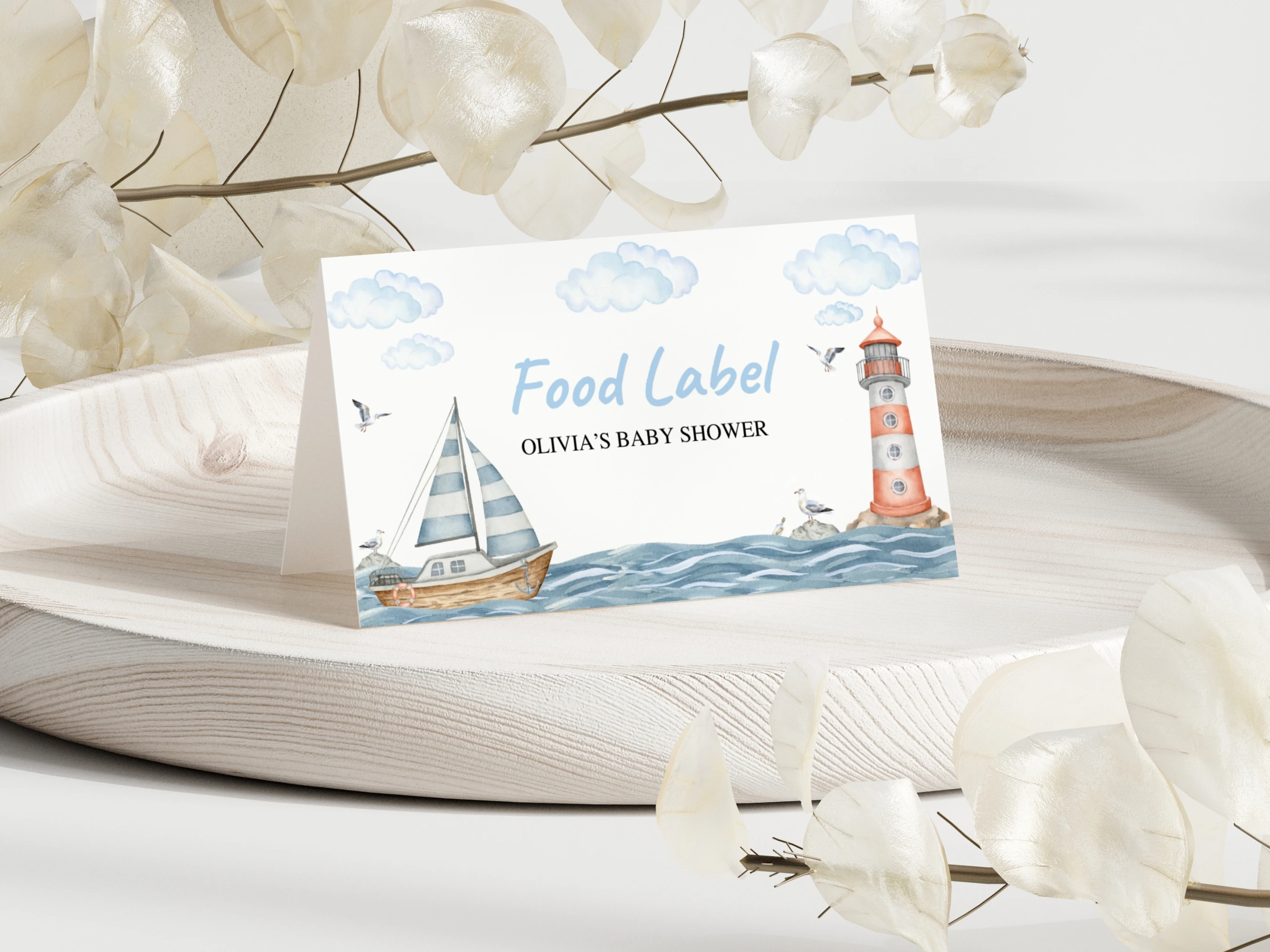 nautical baby shower place cards ahoy its a boy ocean sailboat seating cards canva template digital download, ocean sailboat baby shower seating cards nautical table decorations canva template