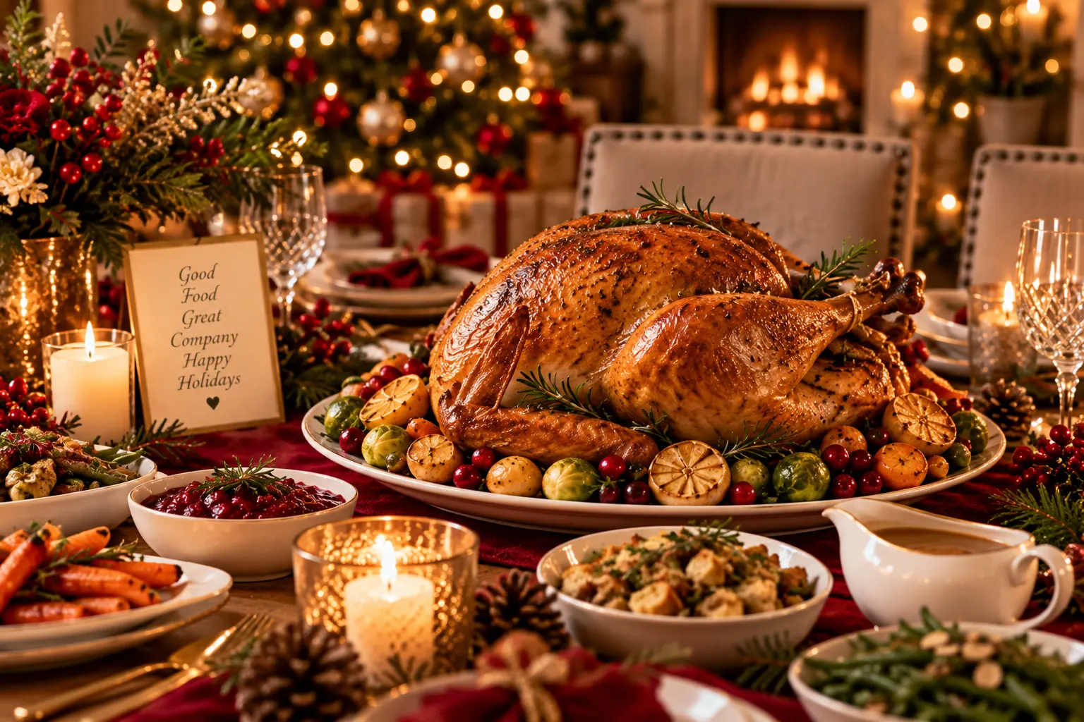 Traditional Christmas feast with roast turkey, festive side dishes, candles and Christmas decorations