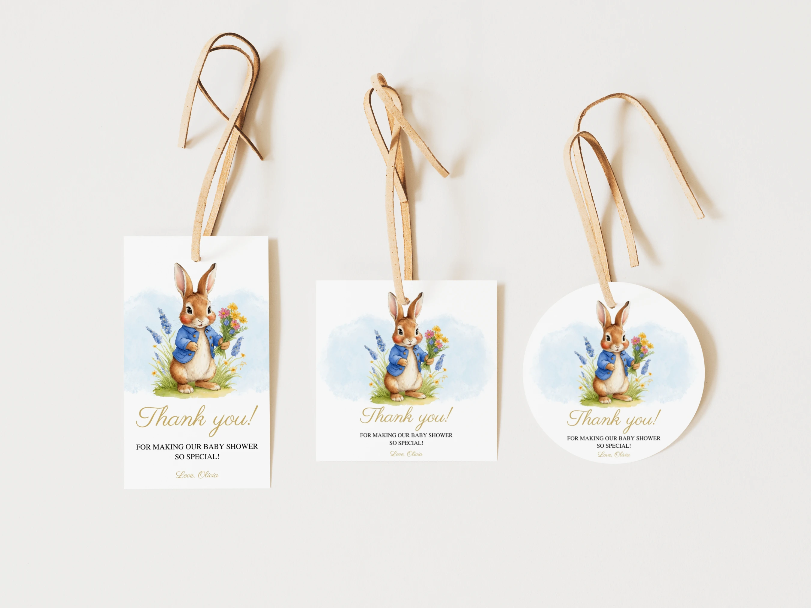 peter rabbit baby shower thank you tags flopsy bunny spring greenery favors canva template digital download, flopsy bunny baby shower favor tags peter rabbit spring decorations canva template