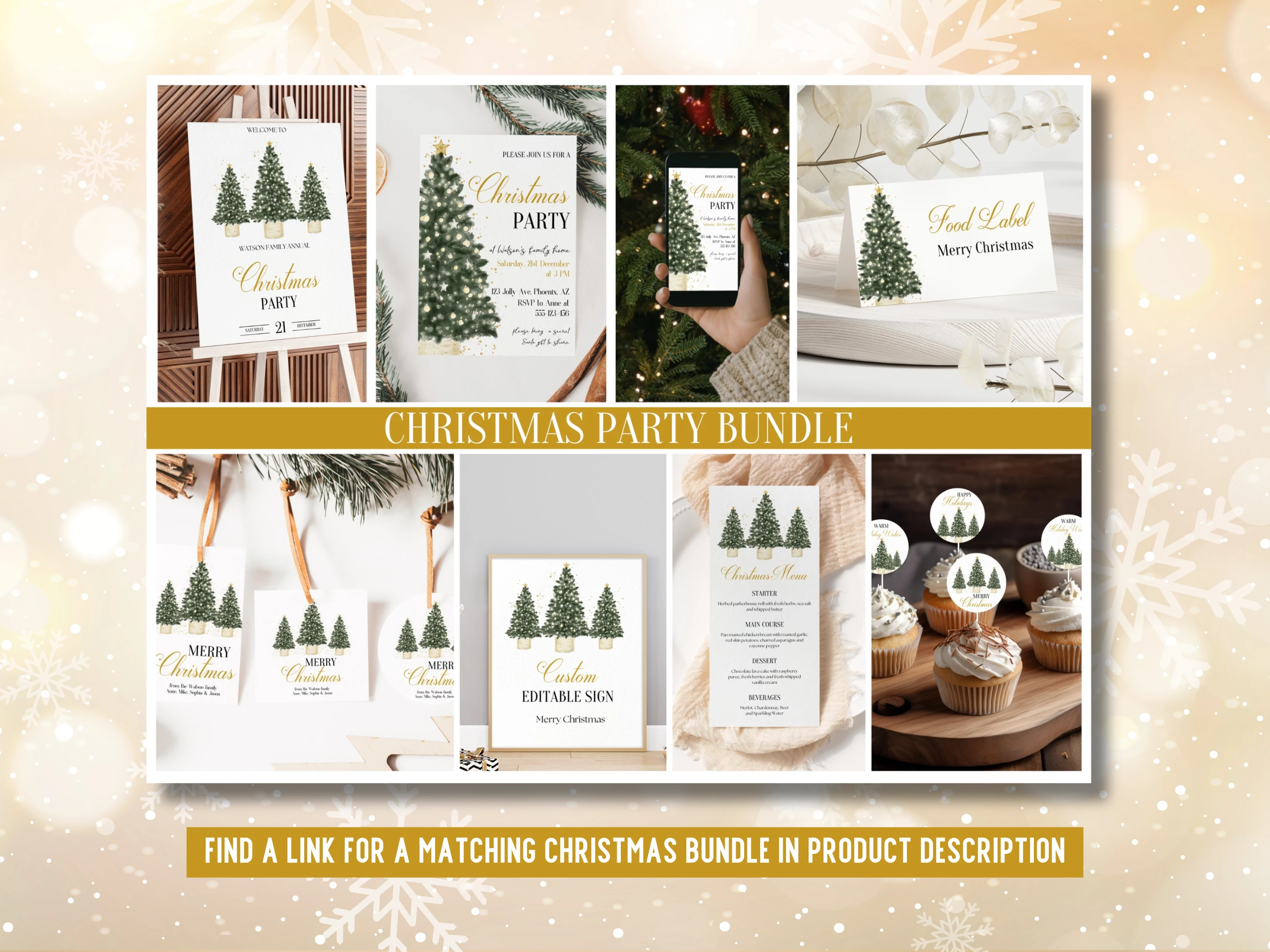 Green & Gold Christmas Cupcake Toppers | Christmas Tree Party Decor | Editable Canva Template | Digital Download