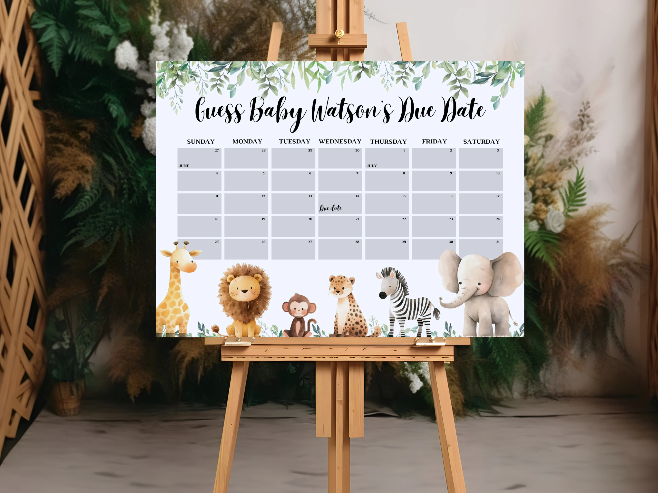 Safari Baby Due Date Calendar | Jungle Animals Prediction Game | Wild One Guess The Birthday | Editable Canva Template | Digital Download