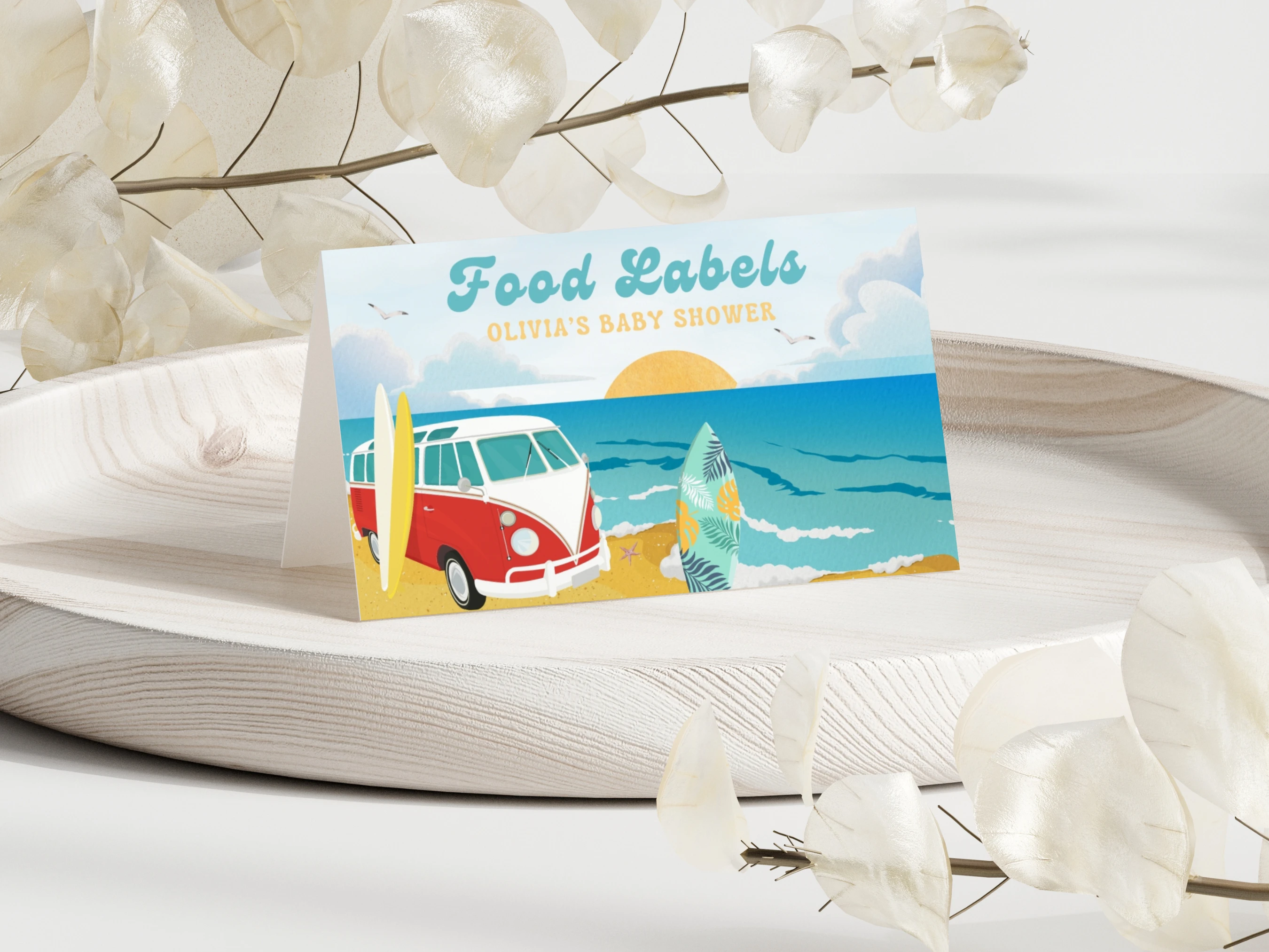 baby on board baby shower place cards ocean surf tropical beach seating cards canva template digital download, ocean surf baby shower seating cards tropical beach decorations canva template